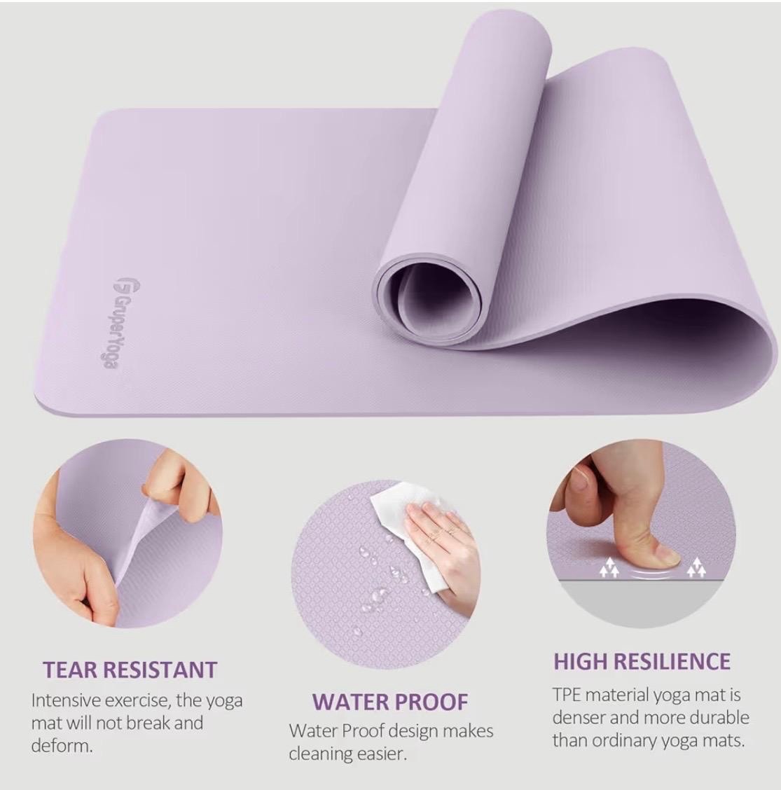 GruperYoga TPE Yoga Mat 72×24 6mm Purple Waterproof Tear Resistant w/Bag