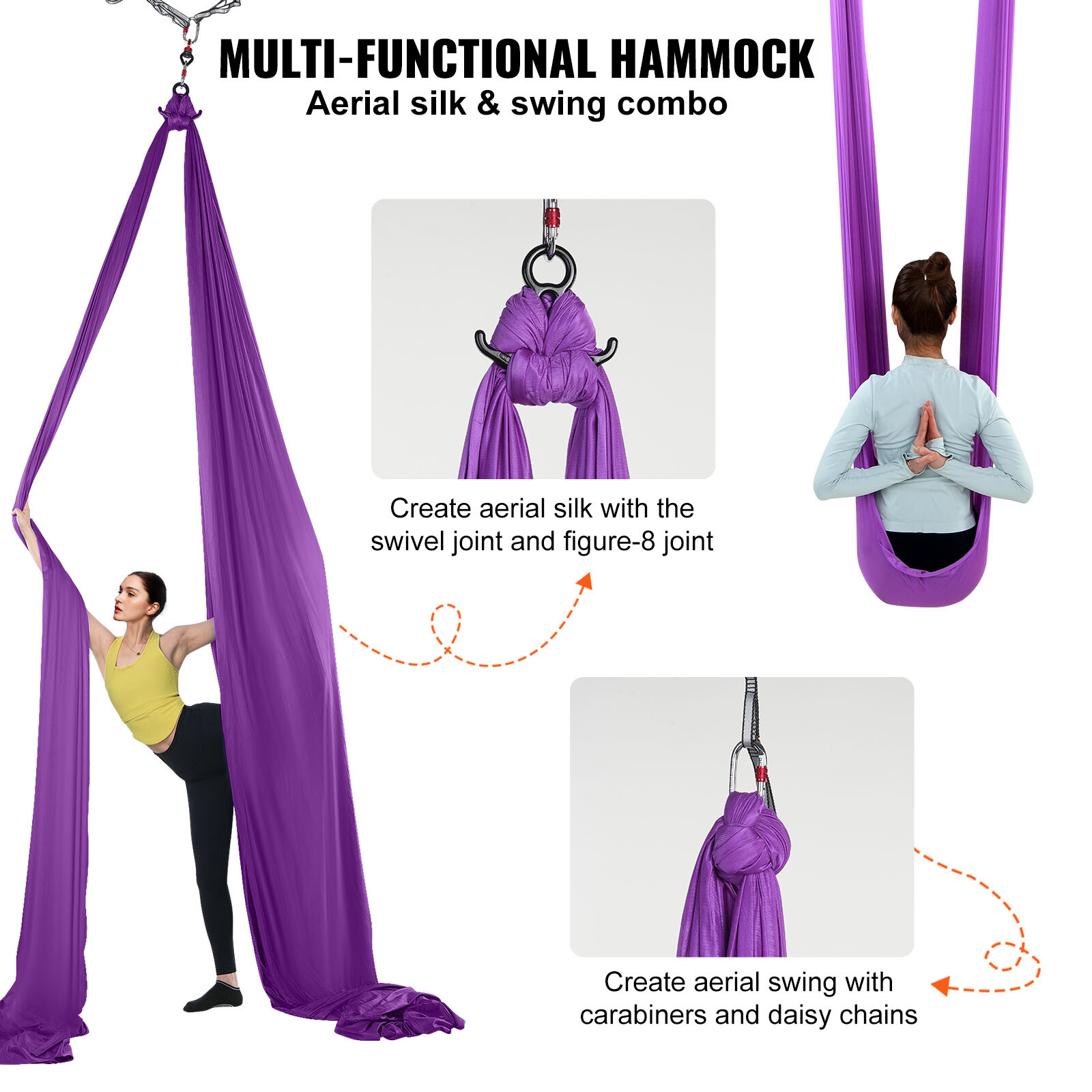 VEVOR Aerial Silk Yoga Swing Set 8.7 Yards Hammock Trapeze Inversion Fly Purple