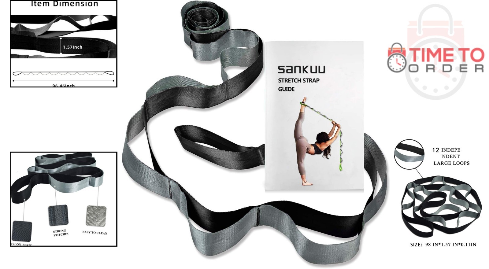 Yoga Stretching Strap Nylon 98in 12 Loops Physical Therapy Fitness Equipment
