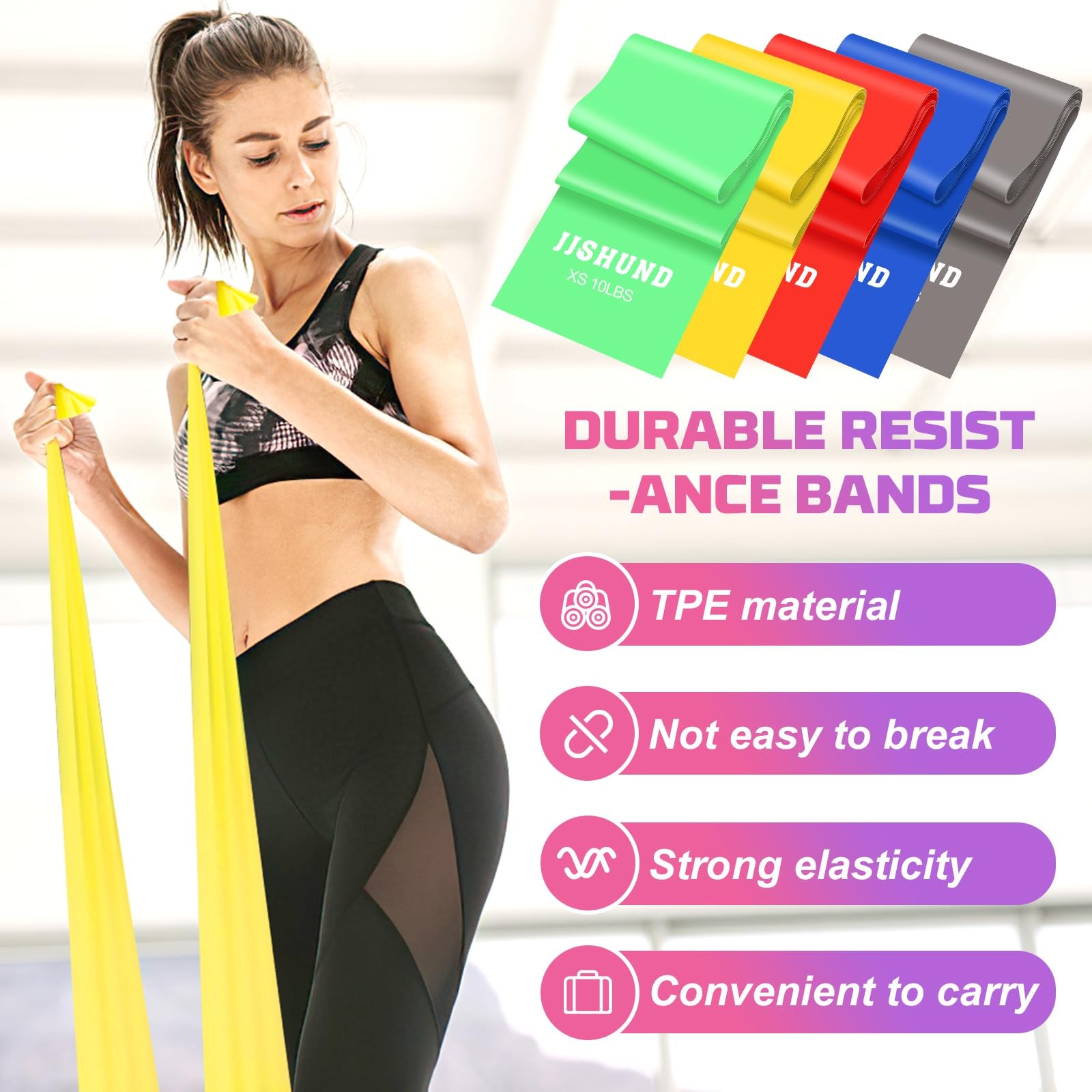 Resistance Bands Set, 5 Pcs Exercise 1.5m, Gray, blue, red, yellow, green