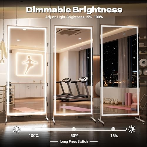 Home Gym Mirror with Light 360° Swivel on Wheels, 71&Prime; x 71&Prime;L x 36&Prime;W White/ Led