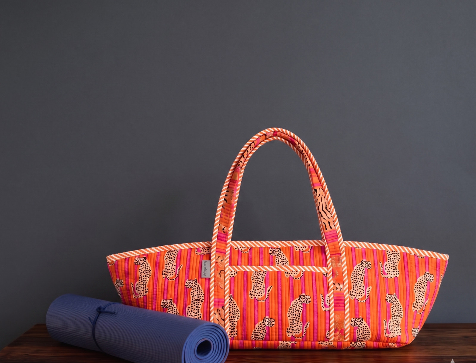 Orange Quilted Tiger Print Yoga Mat Bag: Indian Handmade 100% Cotton Tote Bag US
