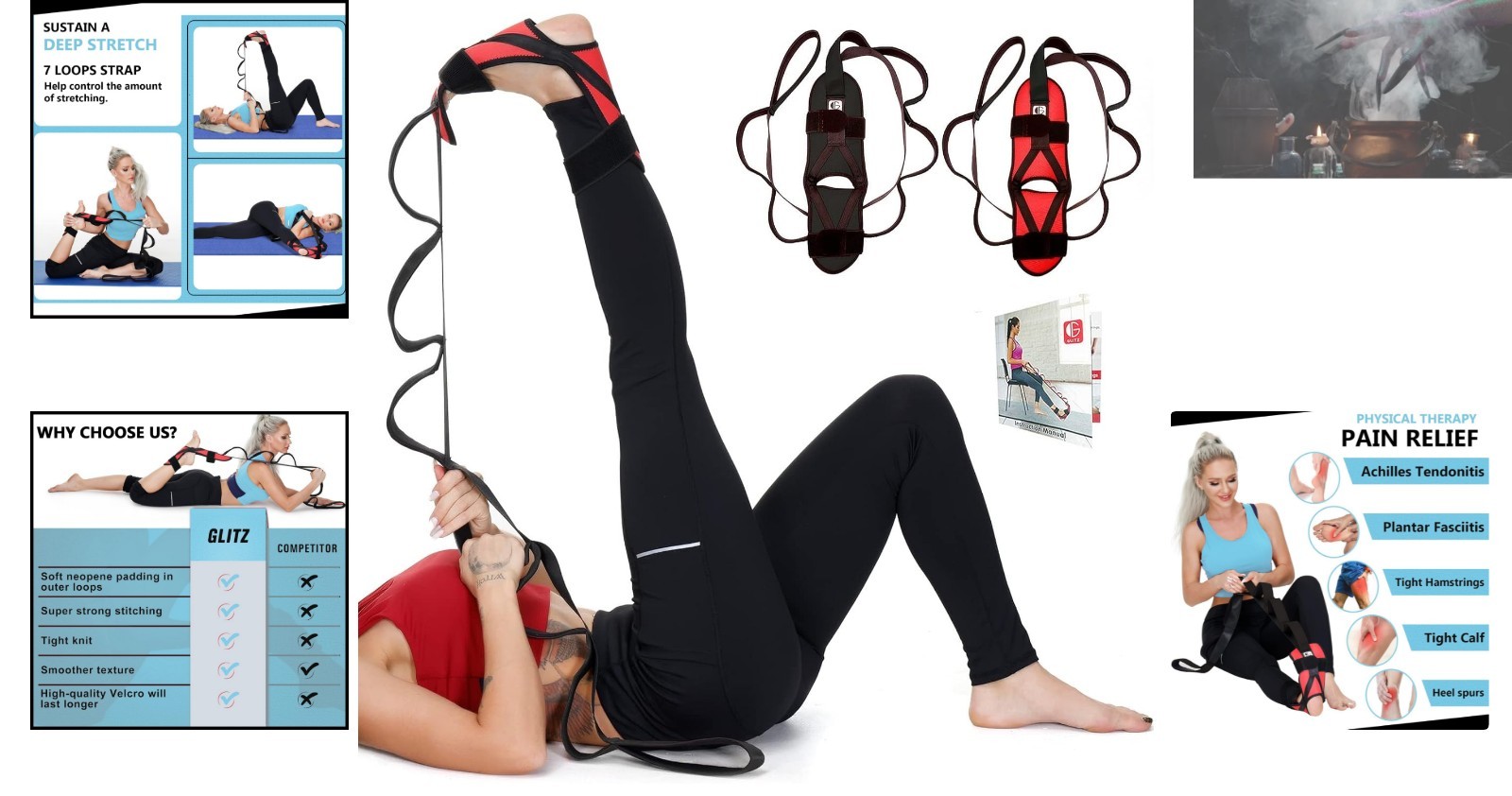 Multifunctional Stretching Strap for Legs, Foot Relief, and Flexibility – Red