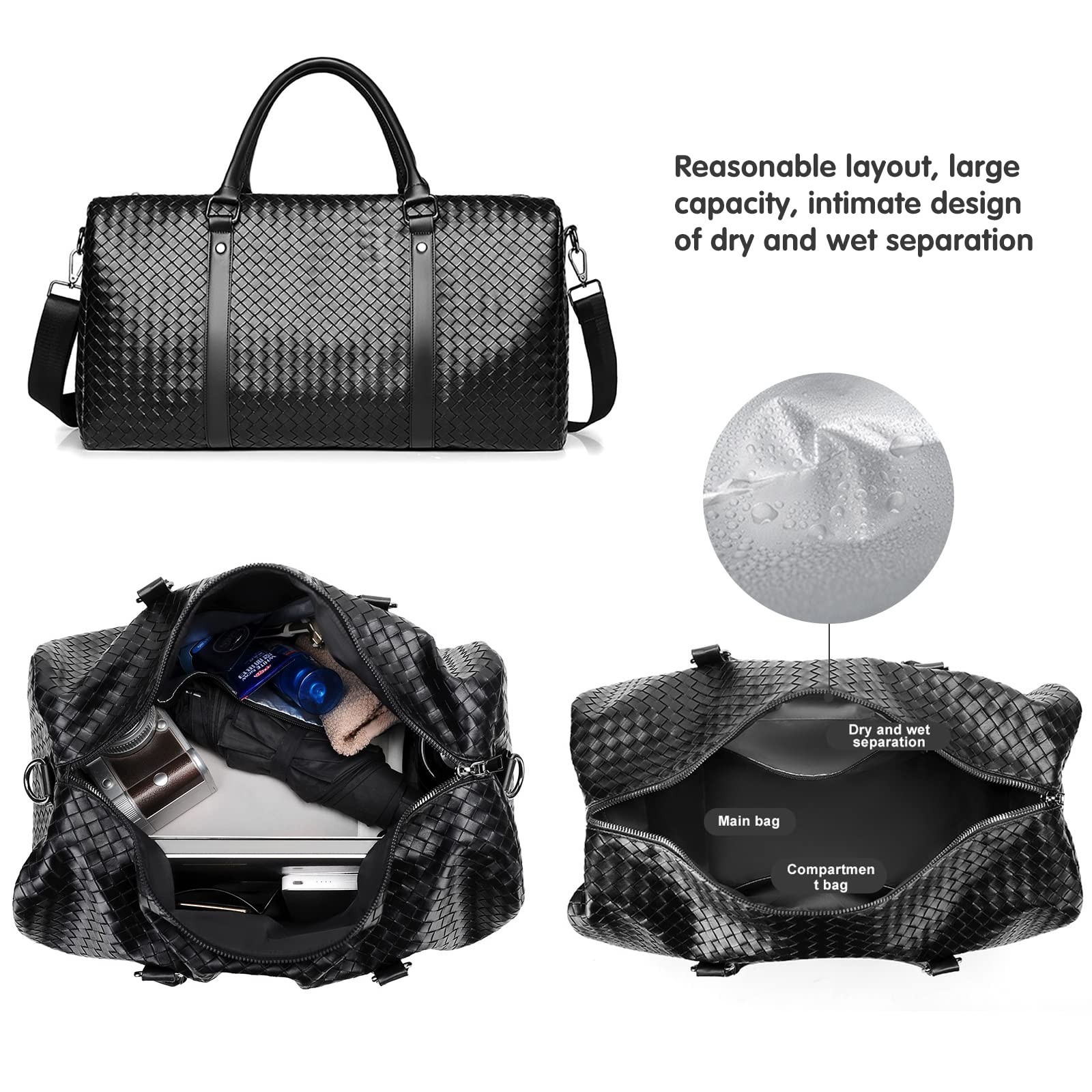 Leather Travel Duffle Bag for Men, Woven Carry On Weekender Overnight Bags fo…