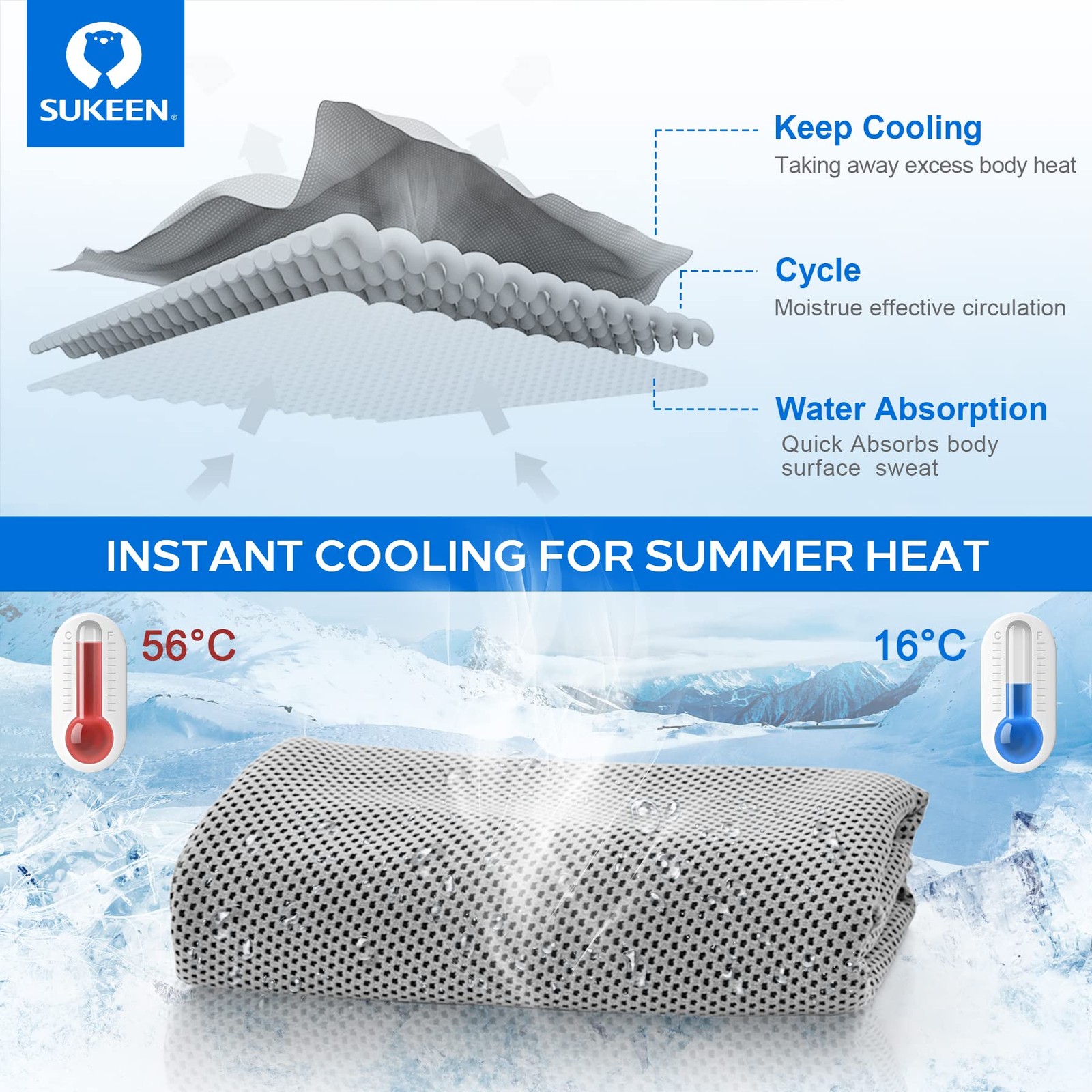 Sukeen 4 Pack Cooling Towels (40&Prime;x12&Prime;), 40&Prime; x 12&Prime;, Grey/Lake Blue/Purple/Blue