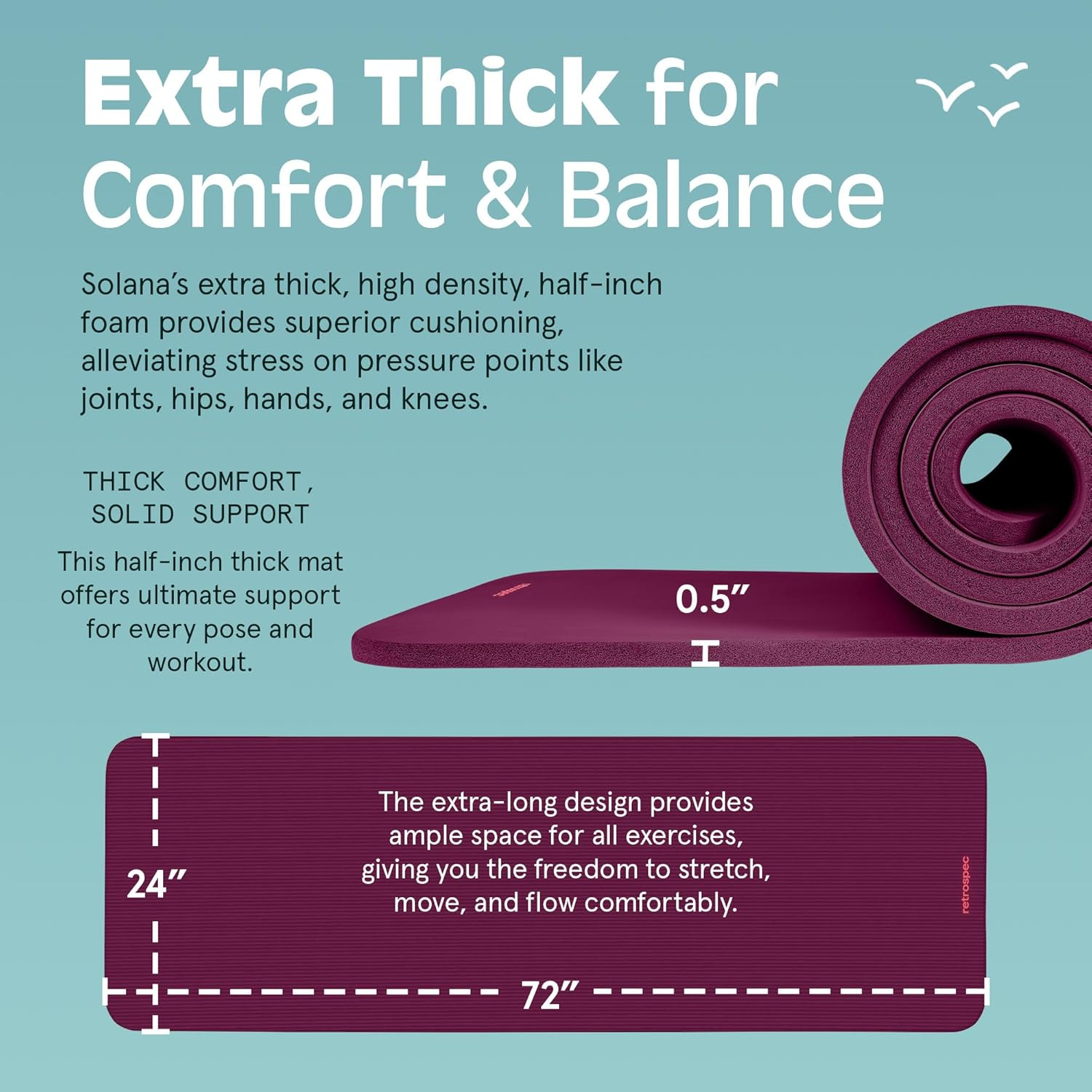 Solana Yoga Mat Thick 1/2In Non-Slip Workout Mat with Nylon Strap – 72X24In Exer