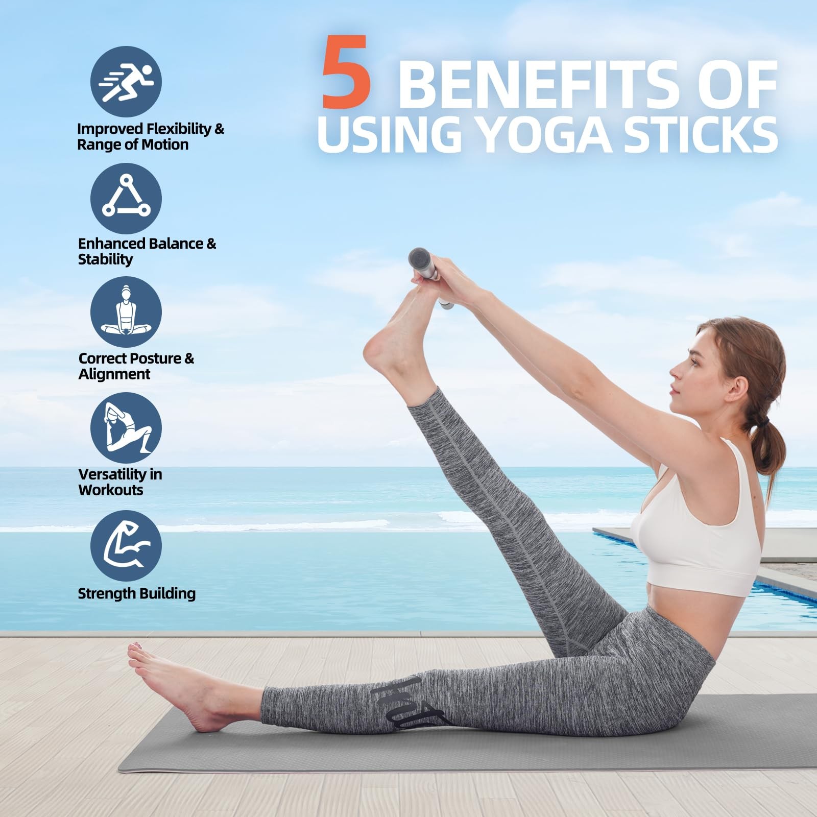 Adjustable Yoga Stick 30/45/60 in, Fully FoamSleeved Steel Stretching & Mobil…