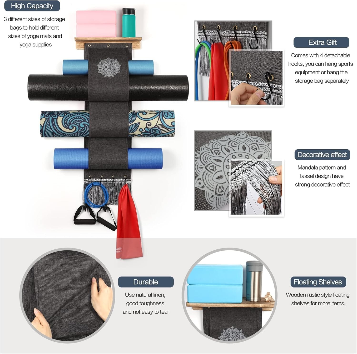 Yoga Mat Holder Wall Mount Yoga Mat Storage Rack with 3 Sizes Easy Access Pocket