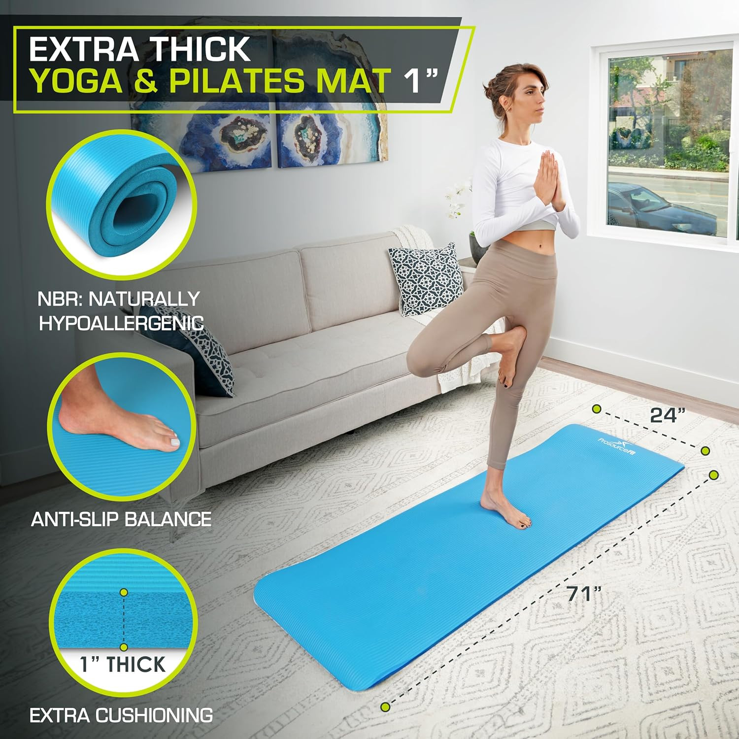 Extra Thick Yoga and Pilates Mat 1/2” (13Mm) or 1&Prime; (25Mm), 71-Inch Long High Den