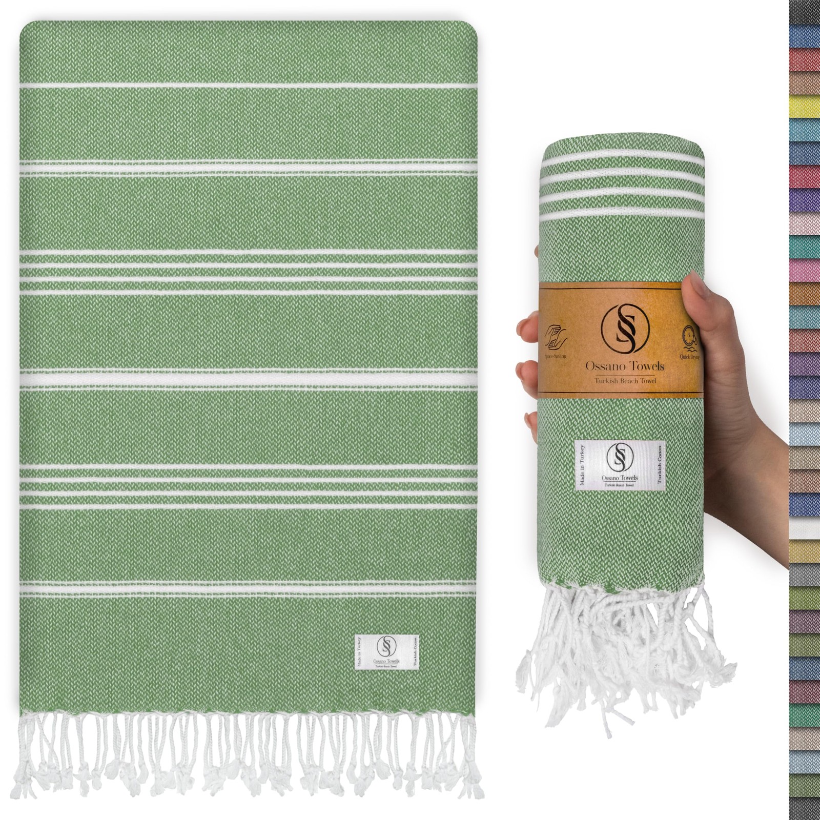 Ossano Turkish Beach Towel Absorbent & Quick Dry Oversized (39&Prime; Large, Green
