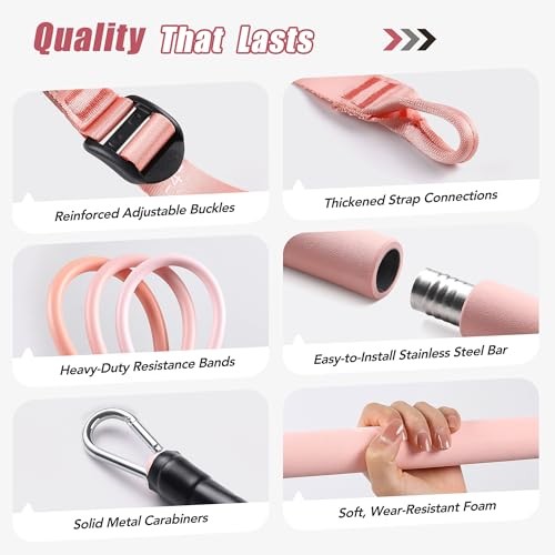 Upgraded Pilates Bar Kit with Resistance Bands Natural Coral Pink(20/30/40lbs)