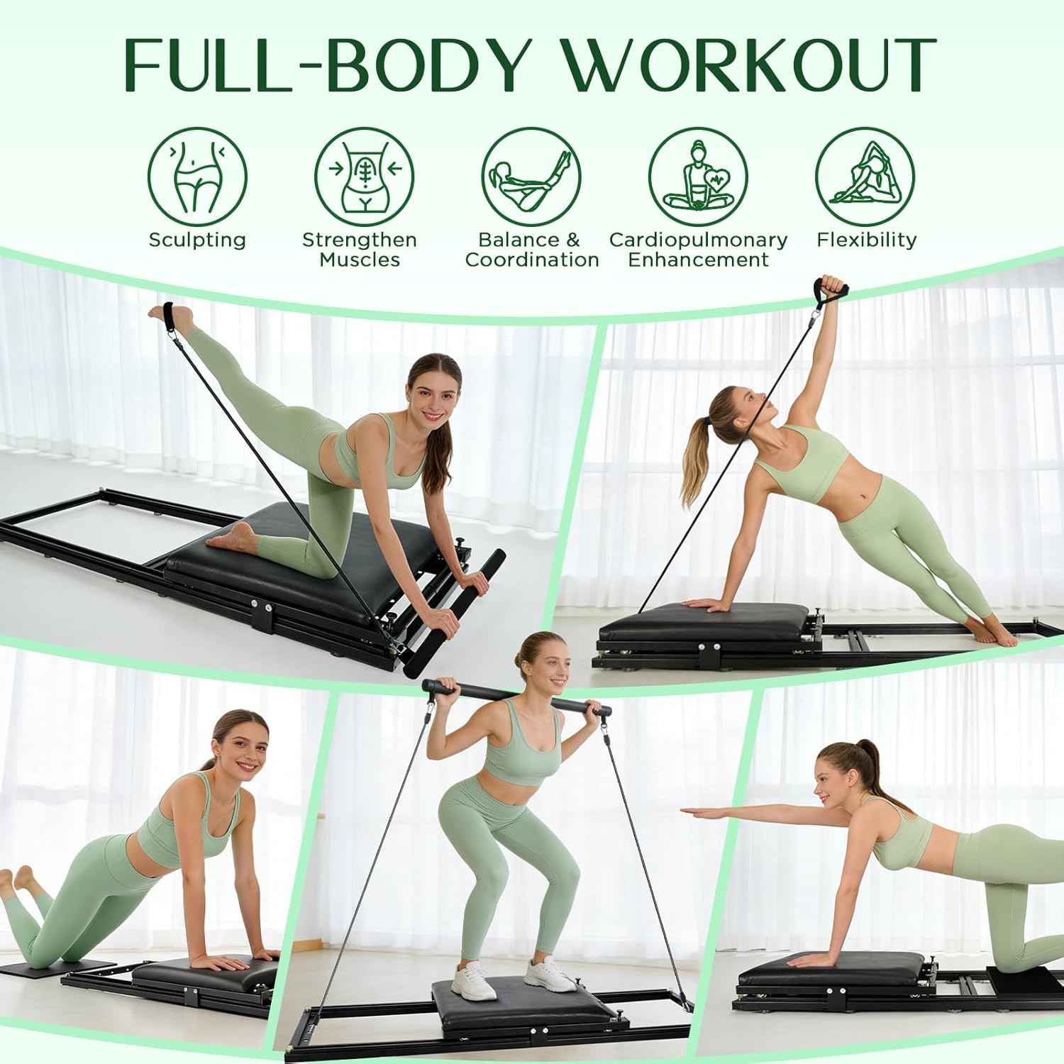 Foldable Pilates Board Set – 7-in-1 Home Reformer with Bar & Resistance Bands