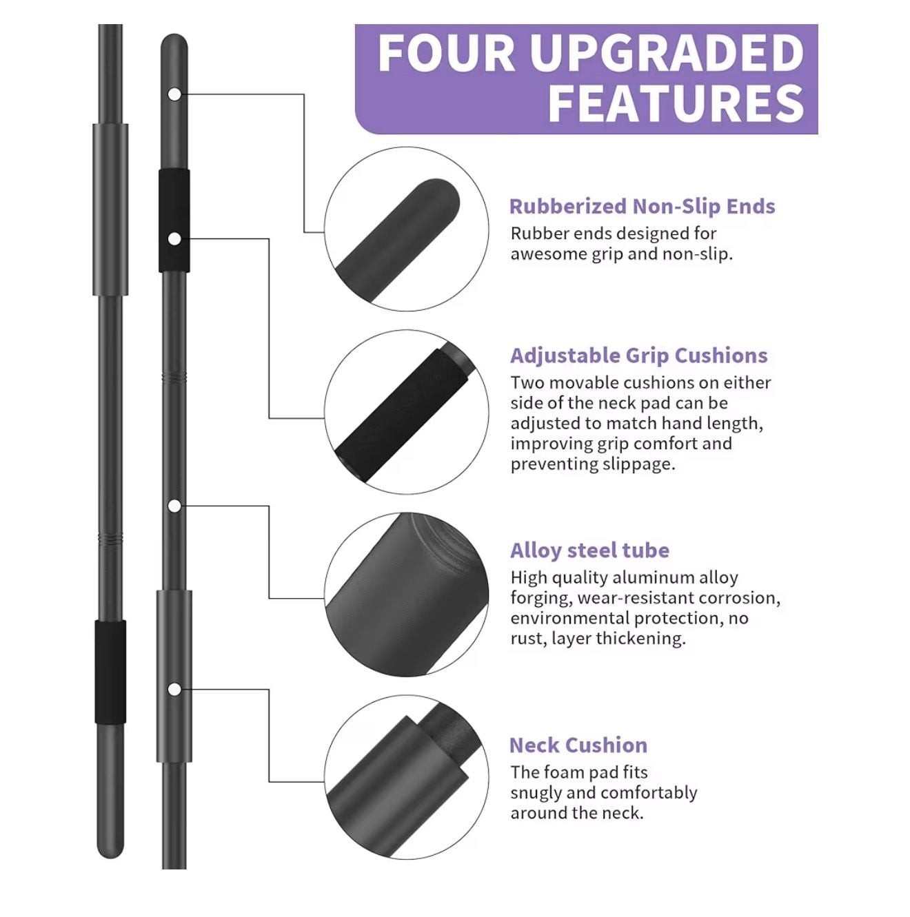 5ft Adjustable Steel Yoga Stretching Stick with Foam Handles and Neck Cushion