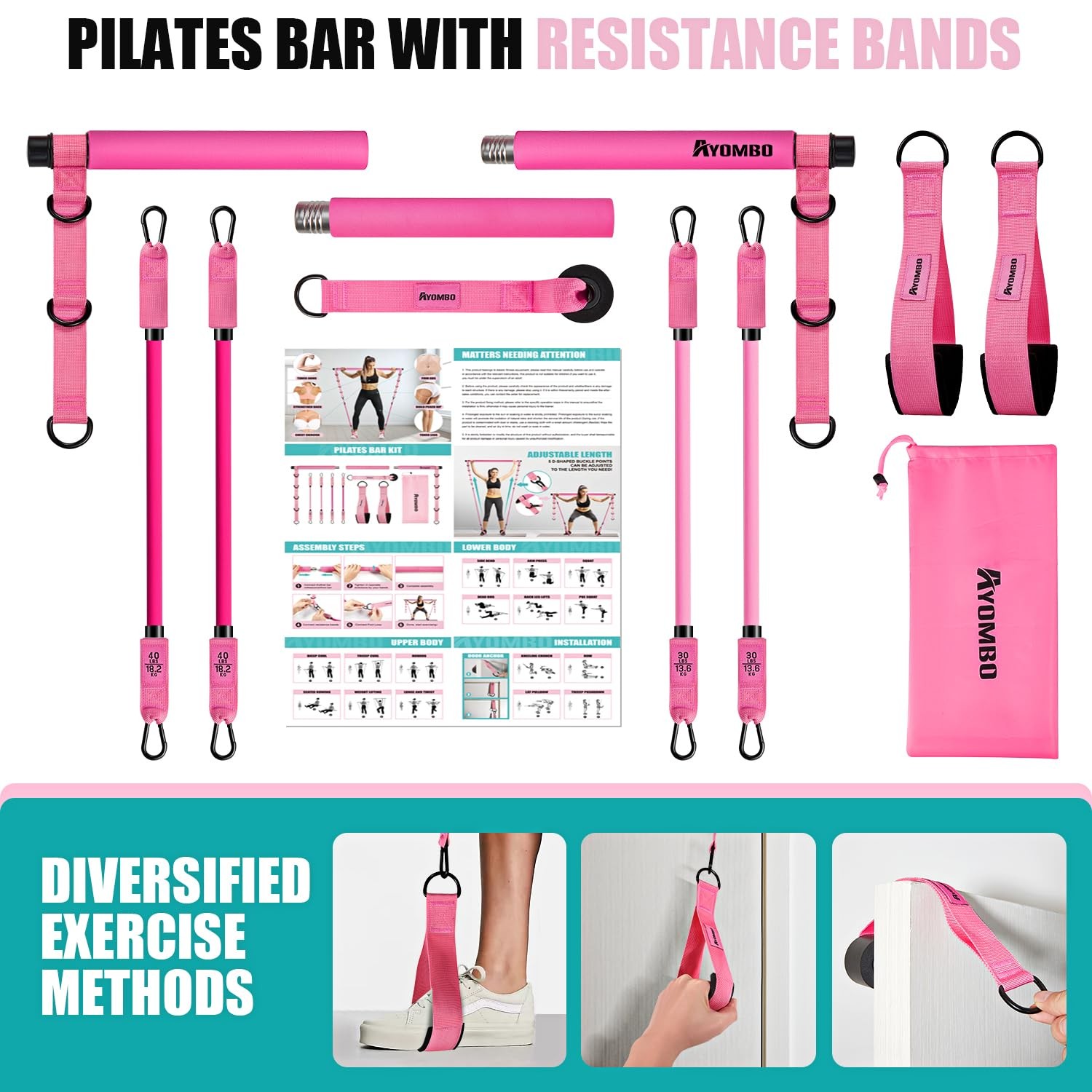Ayombo Pilates Bar Kit with Resistance Bands – Adjustable Home Gym Equipment