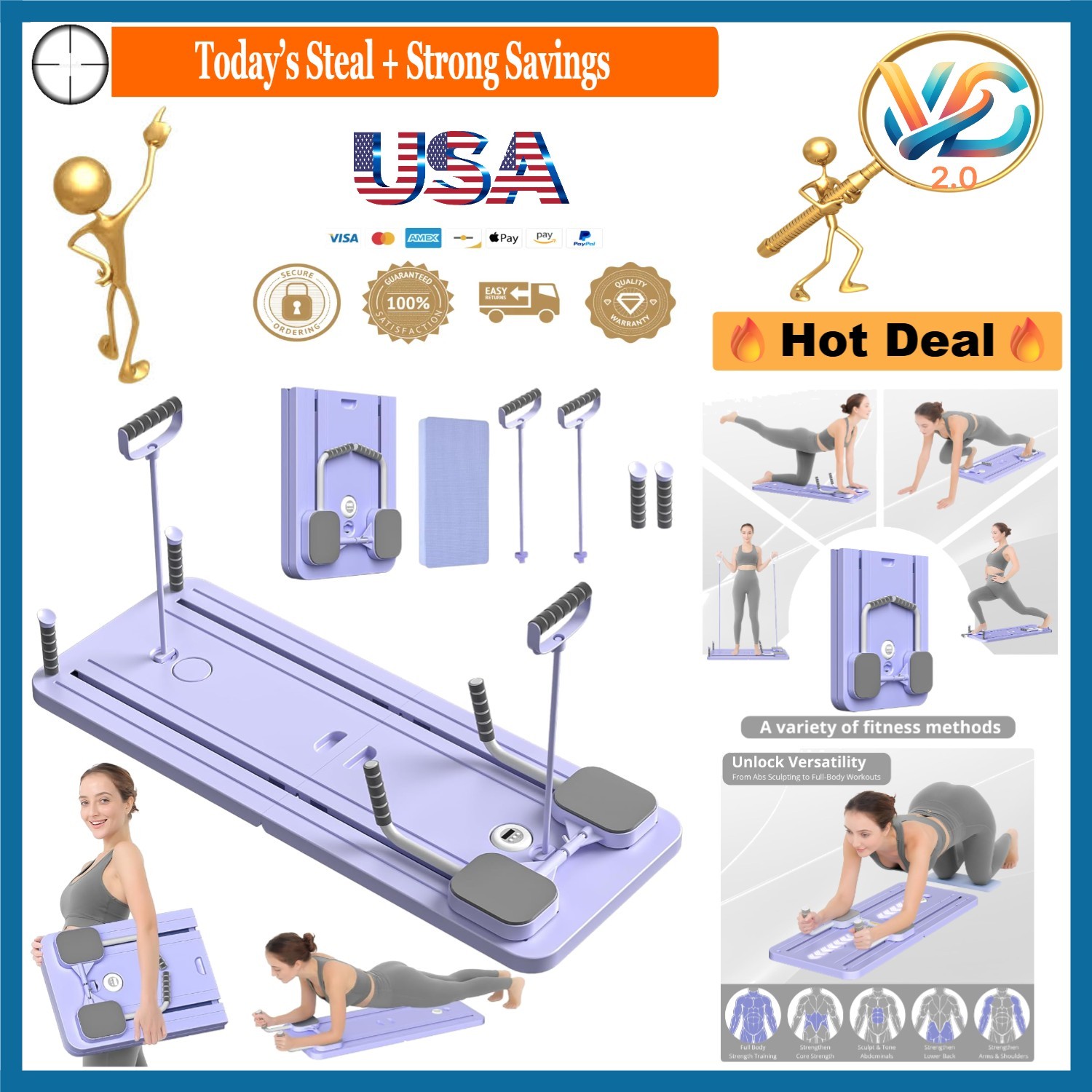 Pilates Reformer Board 5-in-1 Foldable Multi-Purpose Sliding Board Purple