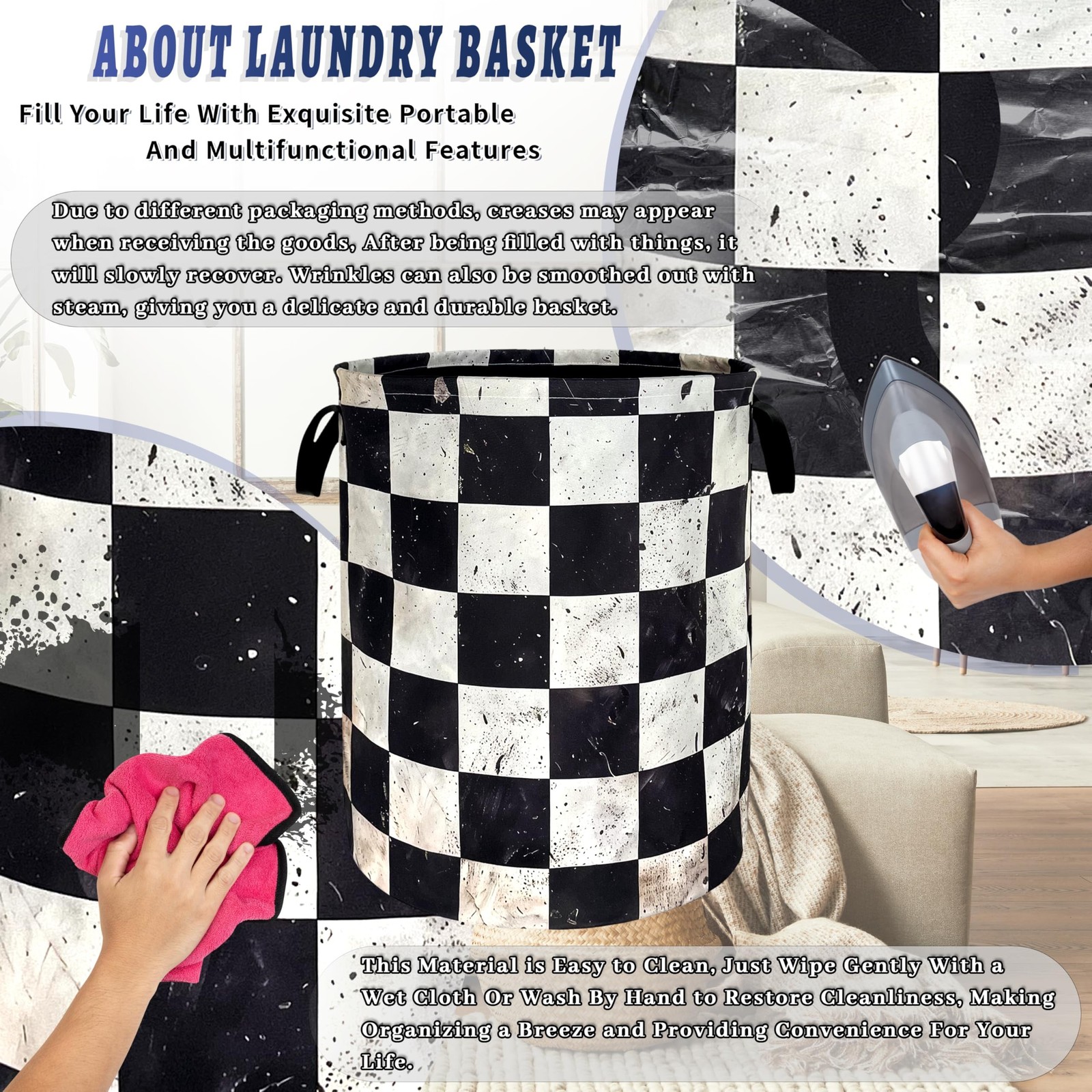 Funny White Checkered Laundry Basket Foldable Retro Black Squares Laundry Ham…