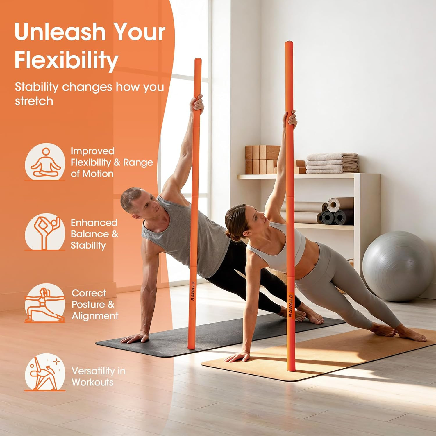 Yoga Stick, Upgraded 5Ft Sturdy Steel Mobility Stick, Adjustable Exercise Equipm