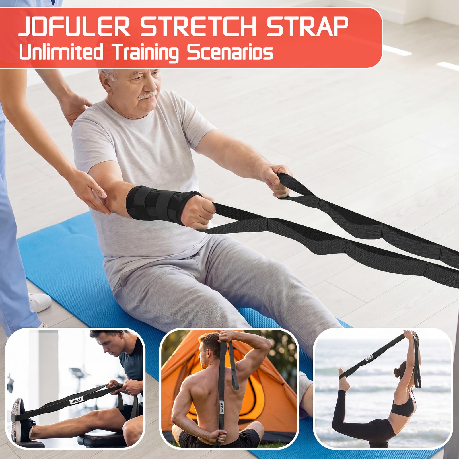 Stretching Strap for Physical Therapy and Home Rehab, 10 Loops NonElastic Yog…