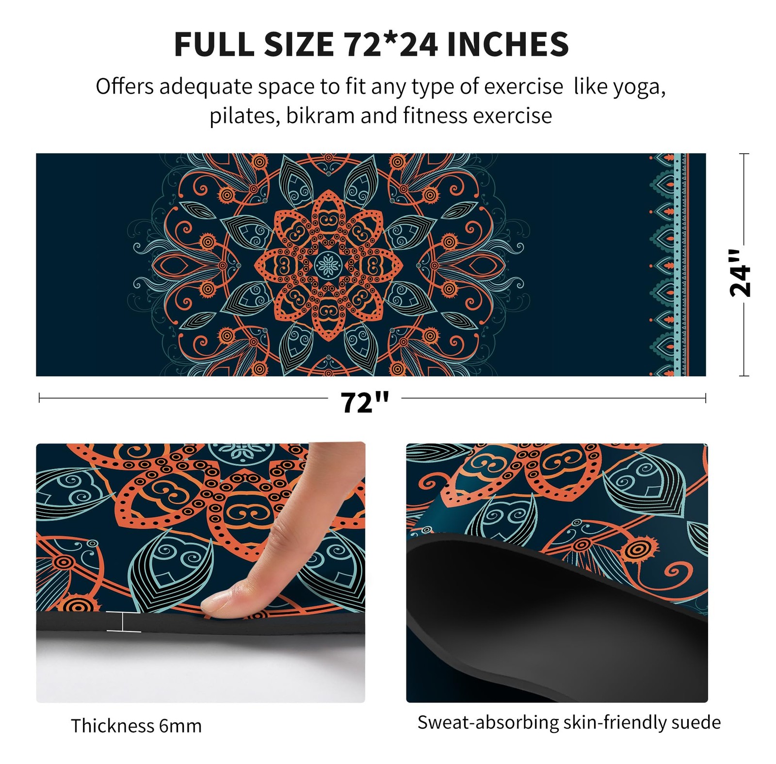 Extra Thick TPE Yoga Mat 6mm Non Slip 72×24 inch with Printed Poses Bag