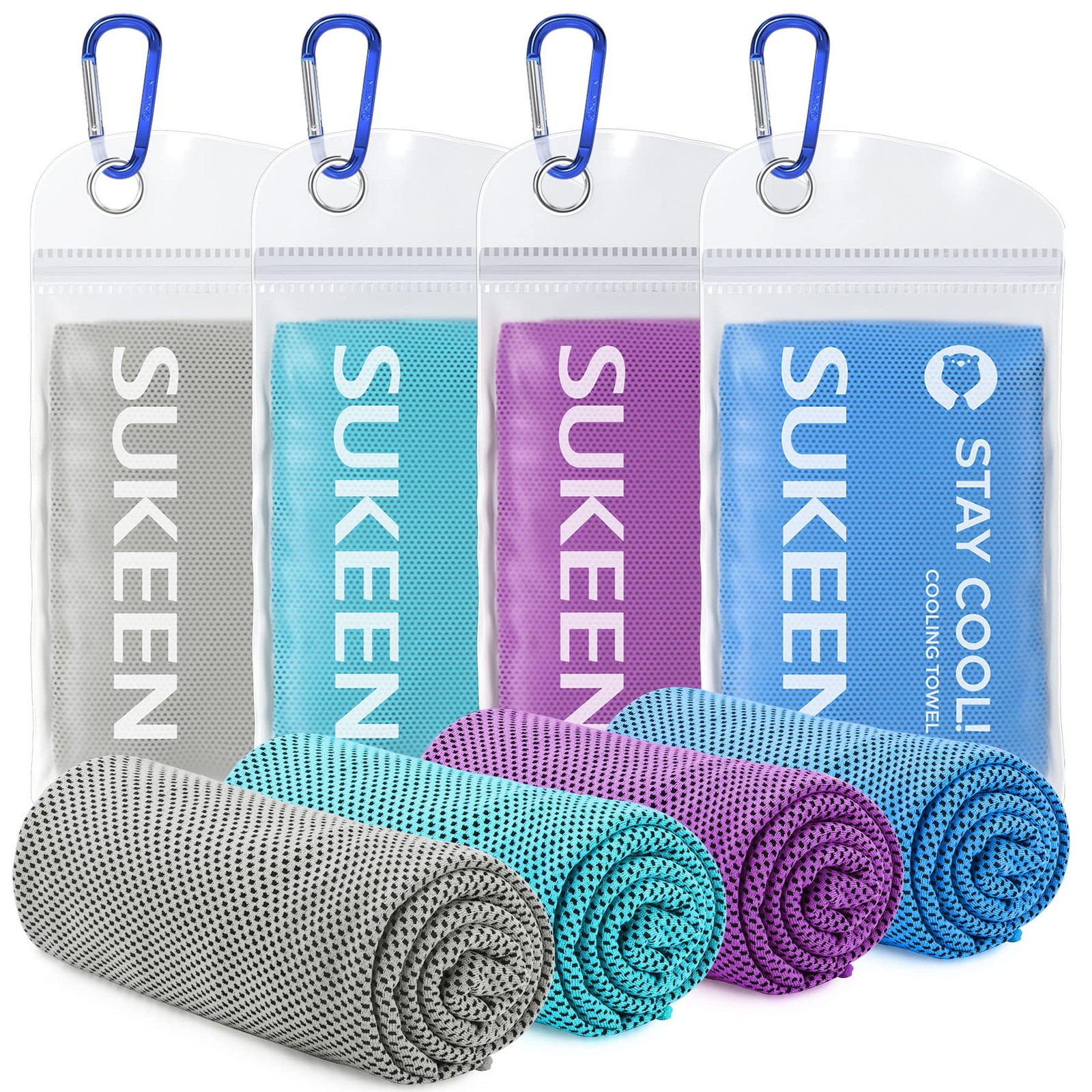 Sukeen 4 Pack Cooling Towels (40&Prime;x12&Prime;), 40&Prime; x 12&Prime;, Grey/Lake Blue/Purple/Blue