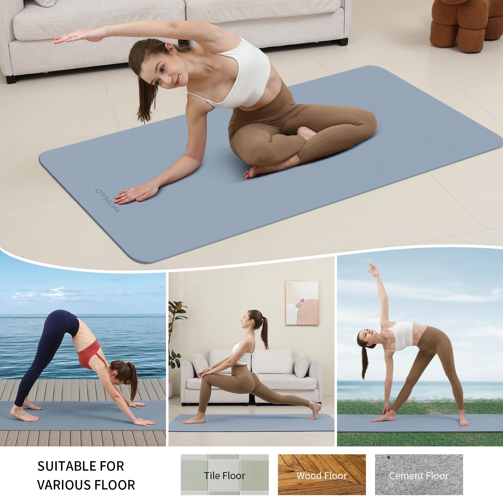 WOHAO 8mm Thick Non-Slip Yoga Mat – Large 72 inches x 32 inches, Haze Blue