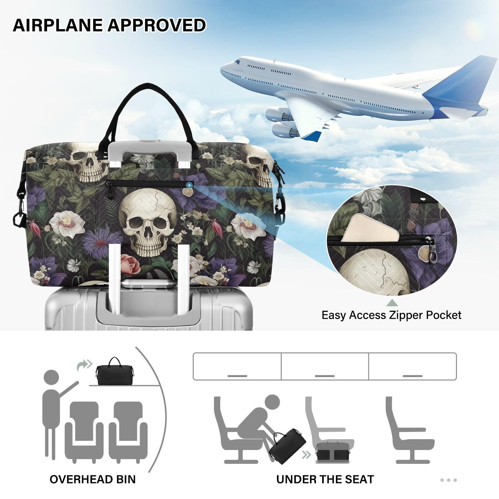 Skull Travel Duffle Gym Weekender Swim Bag with Toiletry Bag for Women – Purp…