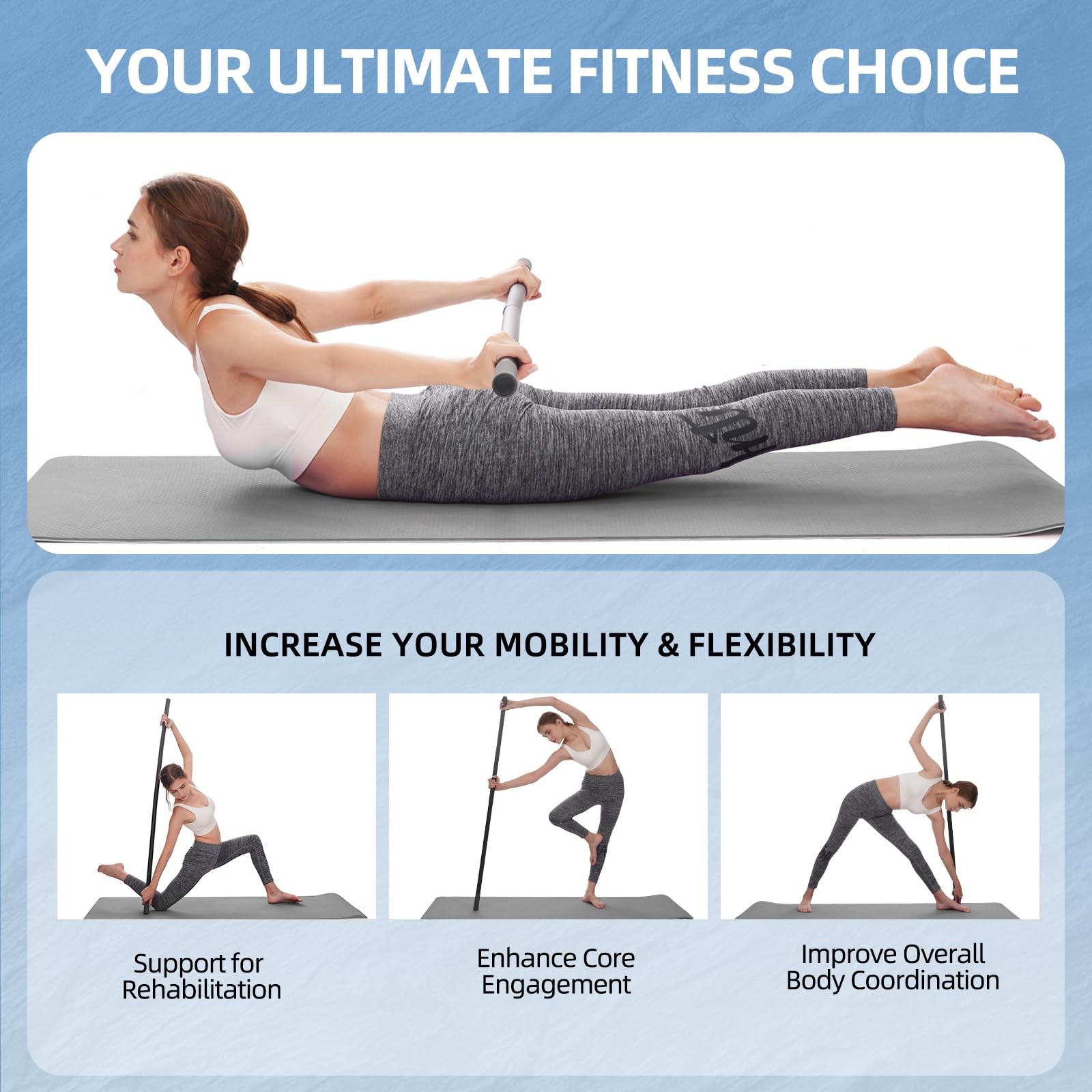 Adjustable Yoga Stick 30/45/60 in, Fully FoamSleeved Steel Stretching & Mobil…
