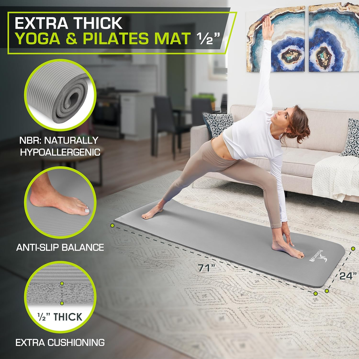 Extra Thick Yoga and Pilates Mat ½” (13Mm), 71-Inch Long High Density Exercise M