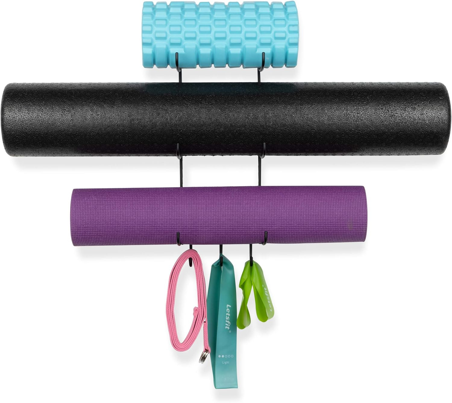 Wallniture Guru Yoga Mat Holder Wall Mount with 3 Hooks for Hanging Yoga Strap,