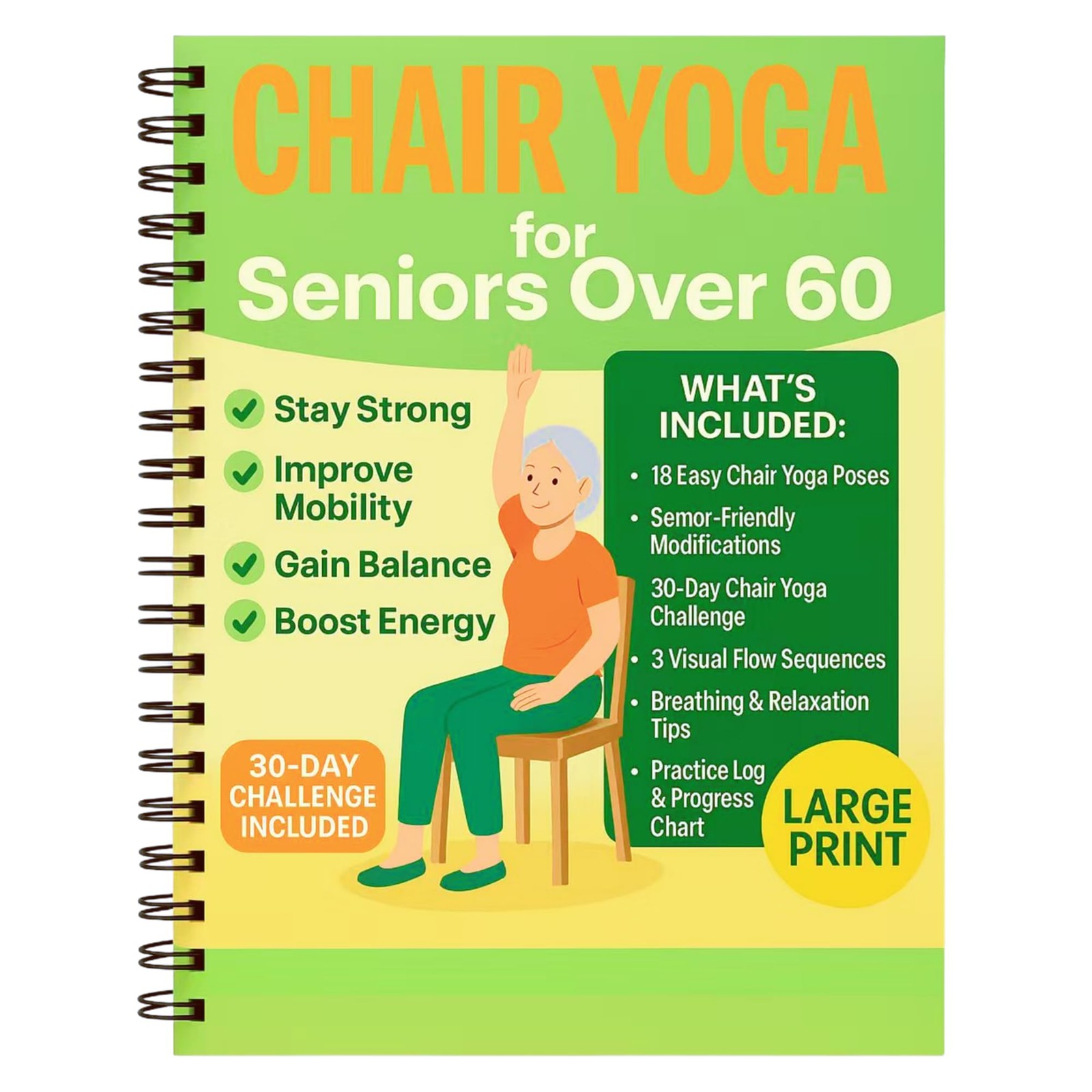 Chair Yoga for Seniors Over 60 Book & Chart 38 pages, 8.5 x 11 inches, Green