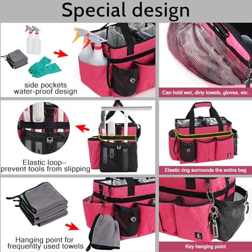 Large Cleaning Caddy Bag – Built-in Sturdy Support Board – Rose Red