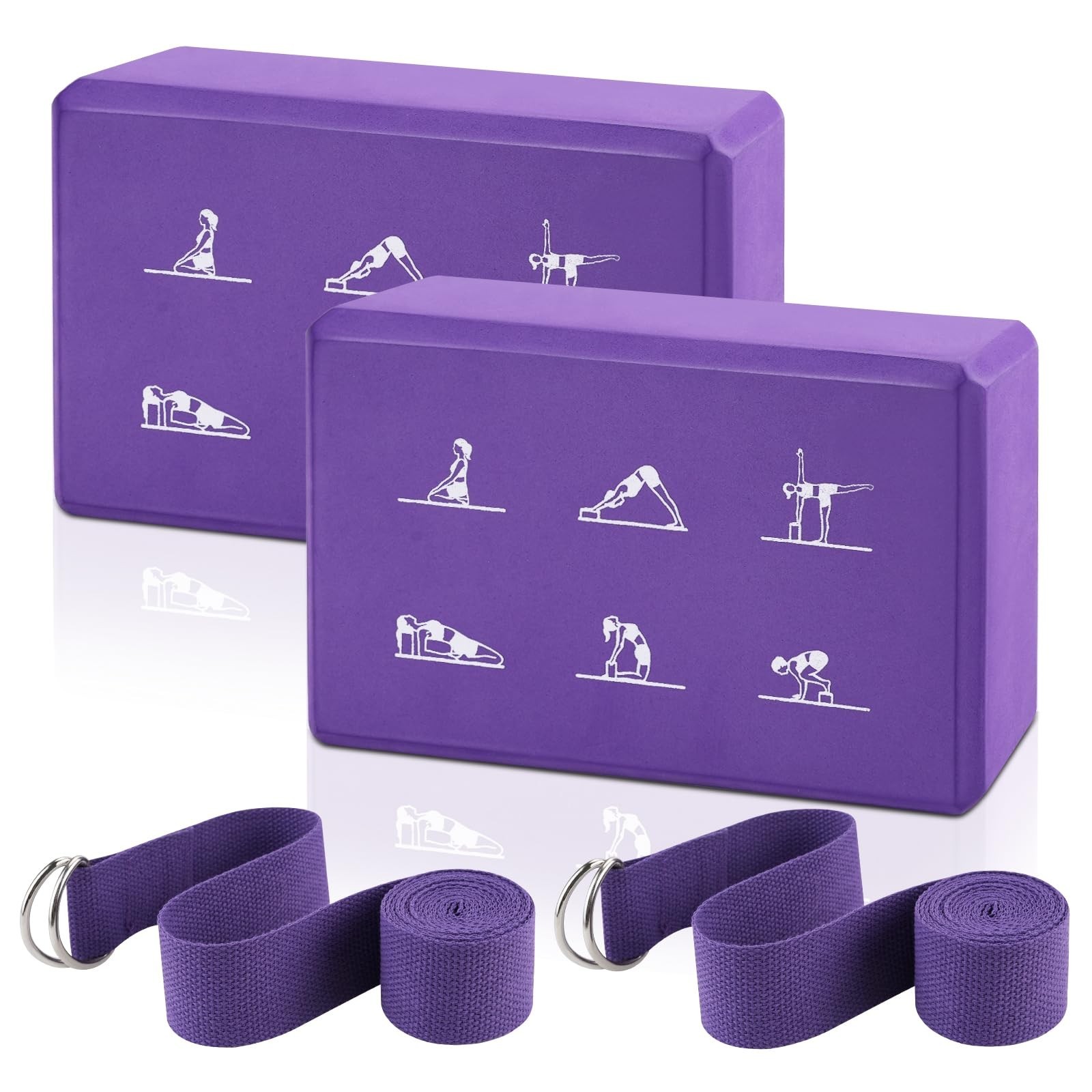 2 Yoga Block and 2 Yoga Strap Set,Non-slip EVA Foam Blocks, High Density Yoga…