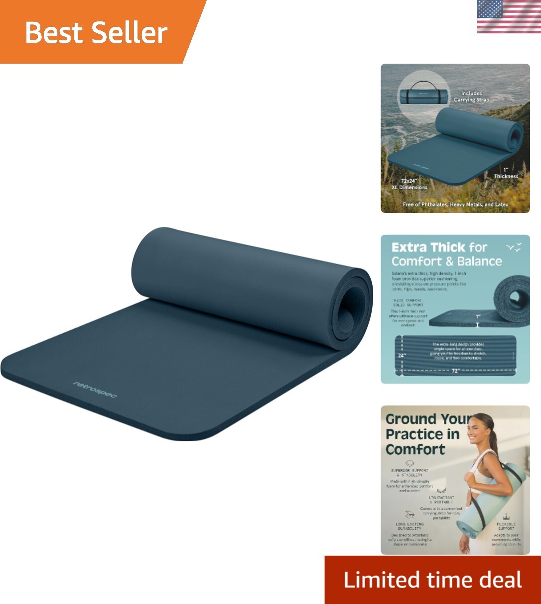 Solana Yoga Mat 1&Prime; Thick With Nylon Carry Strap for Men & Women – Non Slip
