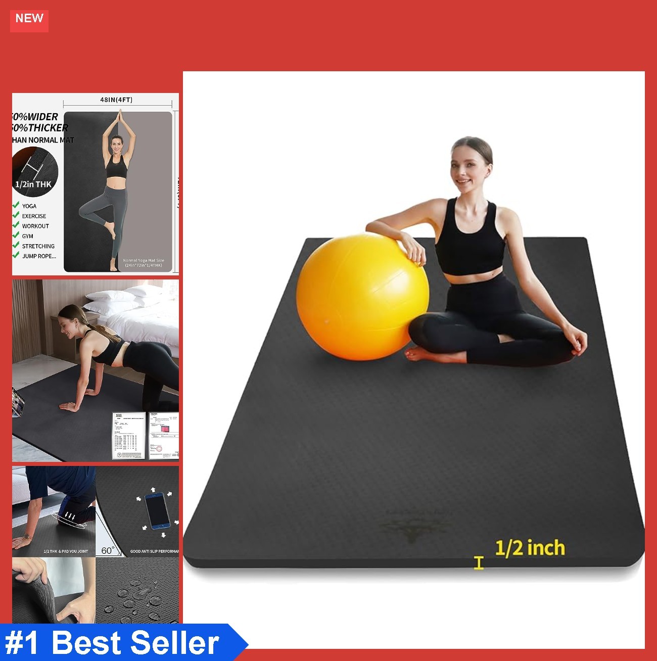Yoga Mat 6×4 Feet 1/2 Inch Thick Extra Large Non-Slip TPE for Pilates Home Gym