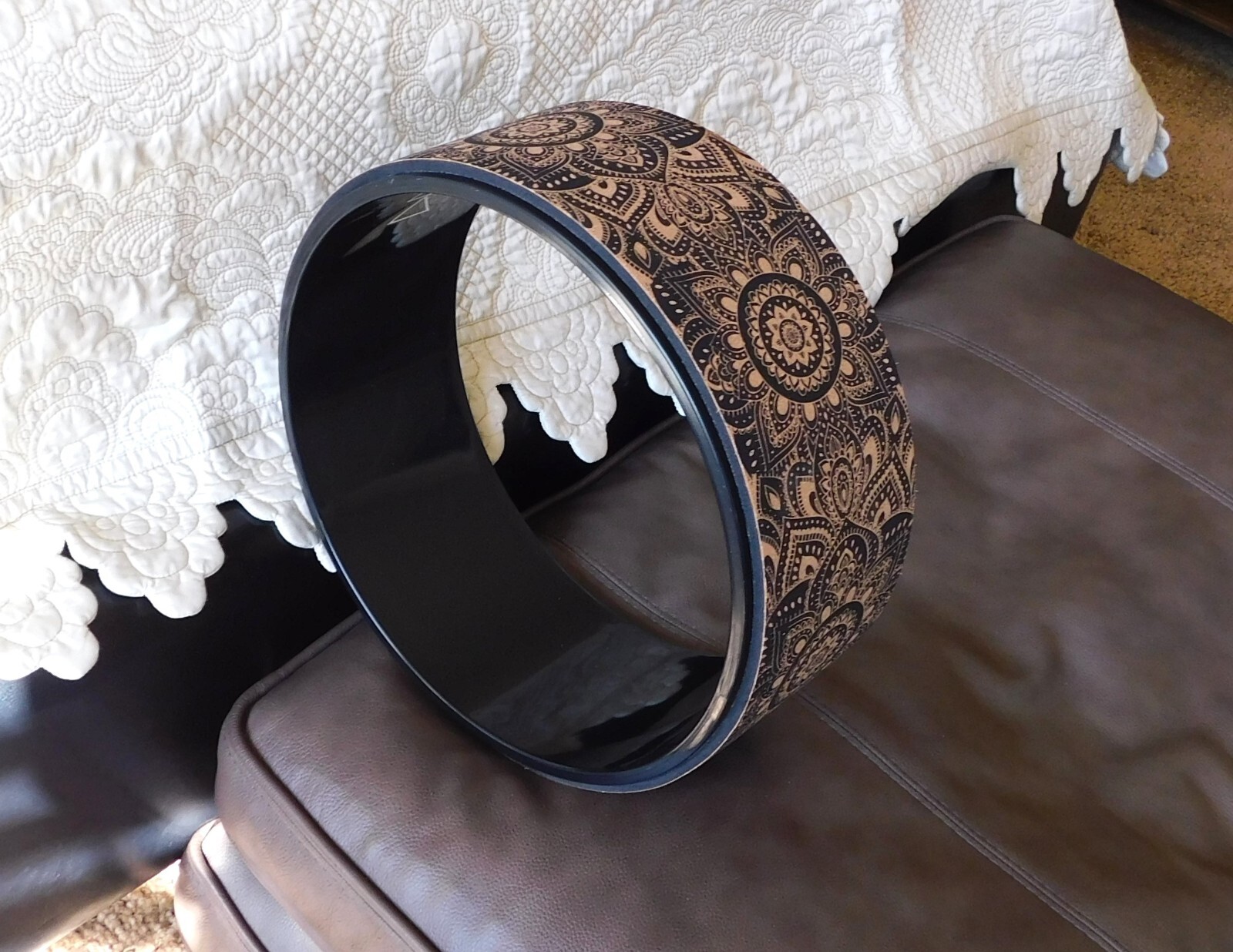 Cork Yoga Wheel by Yoga Design Lab (12.6 diameter), mandala black, New