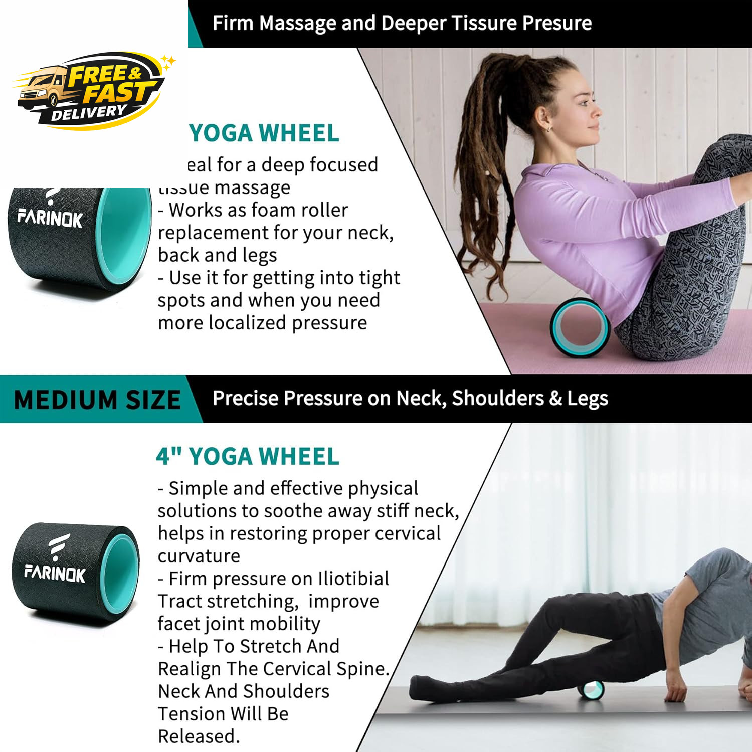 Yoga Wheel Set of 3+1, Upgraded 10MM Thick Back Wheels for Pain Relief & Stretch