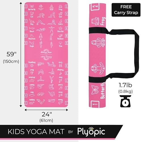 Kids Yoga Mat Non-Slip TPE Exercise Mat 24×59 6mm Thick Animal Poses Carry Strap