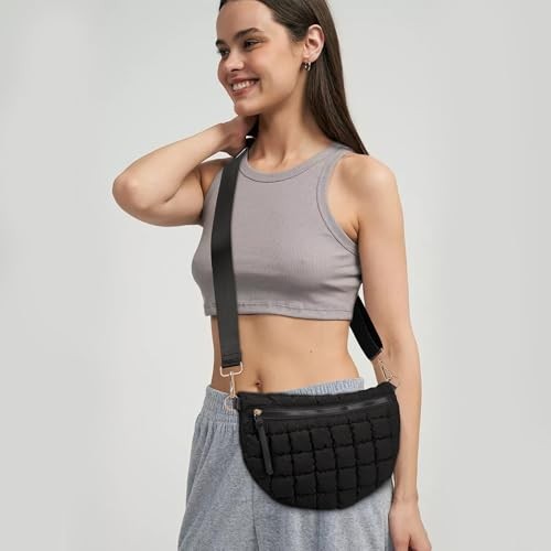 Quilted Crossbody Bags for Women Bum Bag Puffer Sling Bag Nylon Crossbody Black
