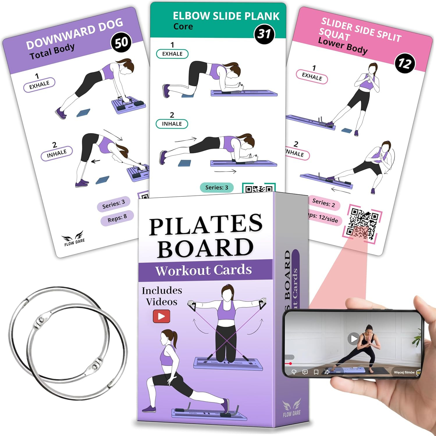 Pilates Board Workout Cards – 67 Exercise Cards with Videos & Workout Plan – Inc