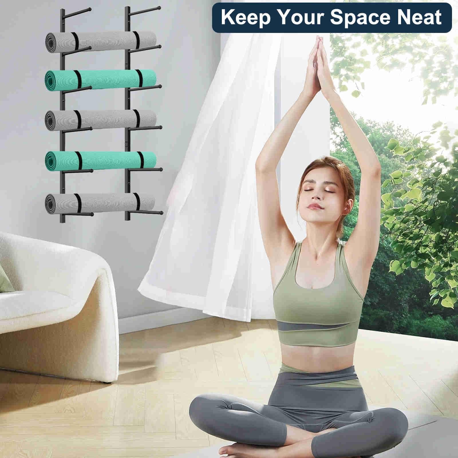 Yoga Mat Holder Wall Mount with 12 Straps, 6 Tier Metal Yoga Mat Storage Rack…