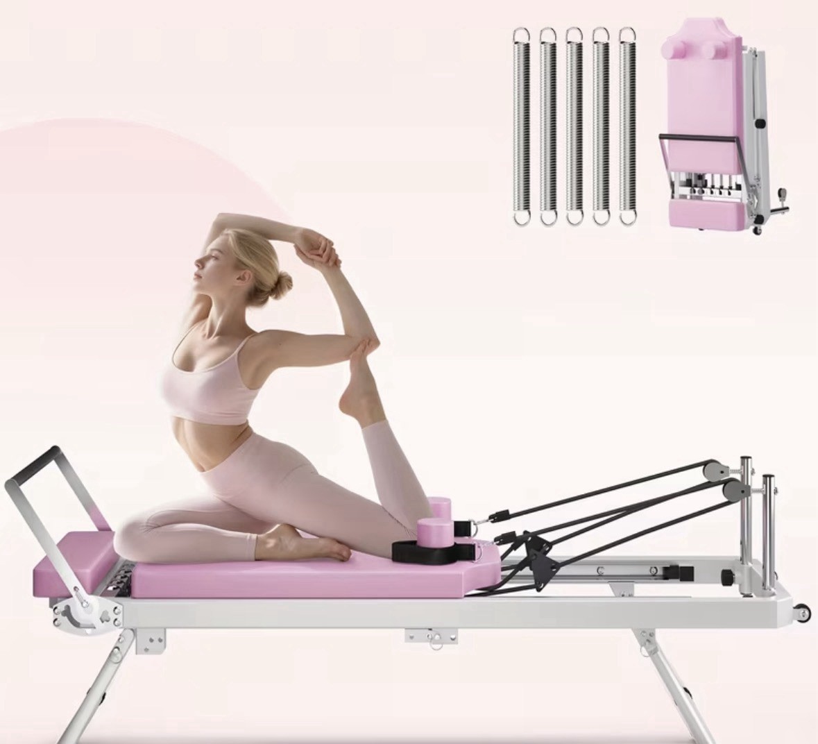 Foldable Pilates Reformer Machine for Home Indoor Use Metal Pink/White/Black