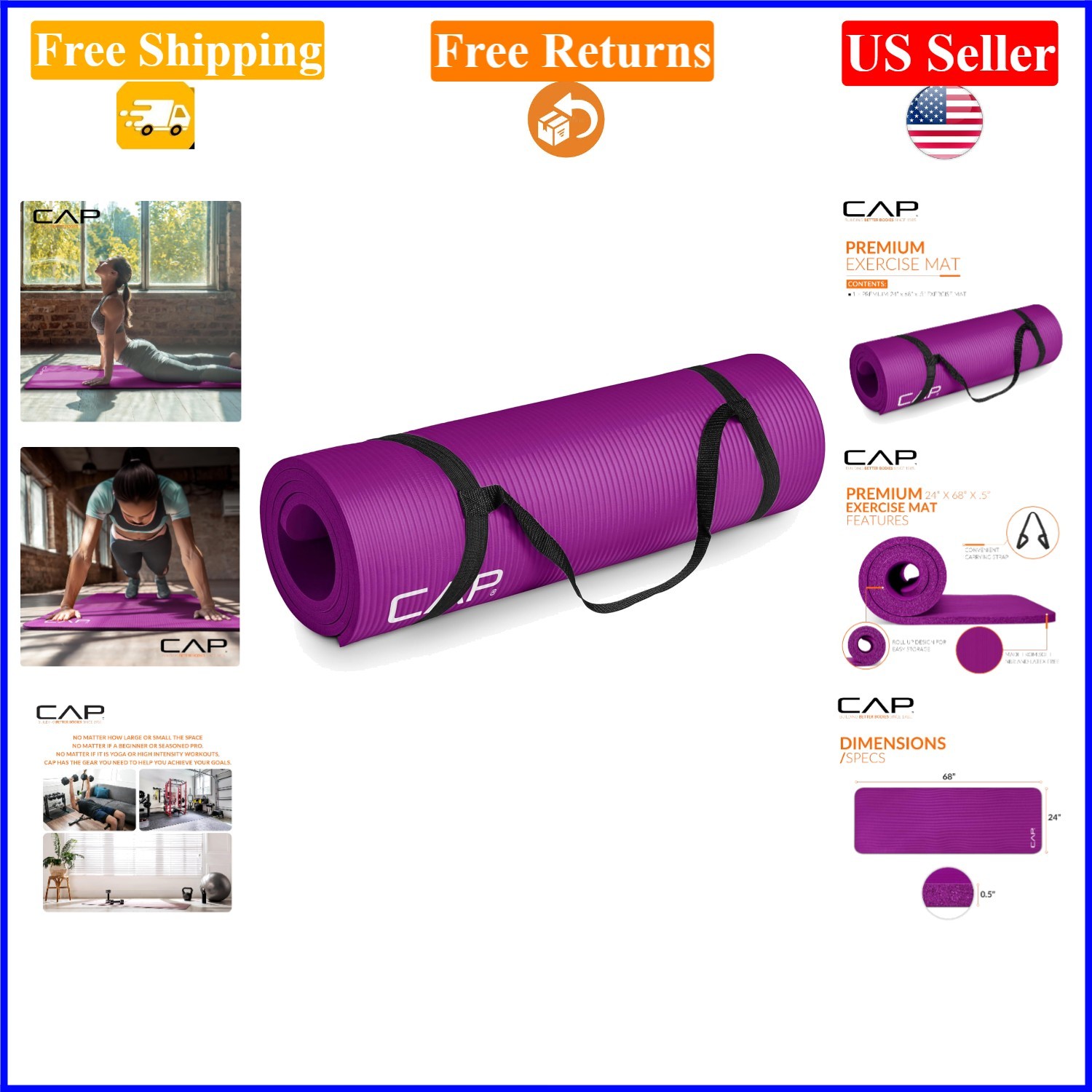 Wine 1/2-Inch High Density Yoga Mat with Strap, Supports & Non-slip