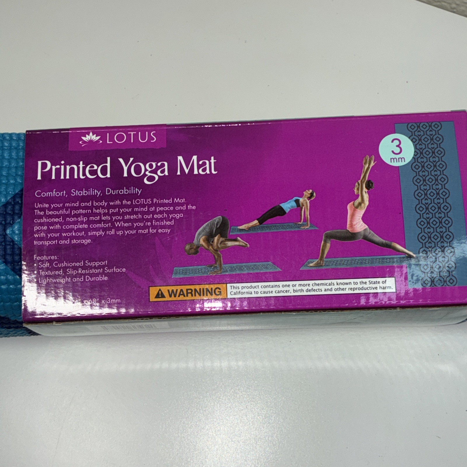 NEW Lotus Printed Blue Yoga 3mm Mat Cushioned Support Textured 24&Prime;x68&Prime;