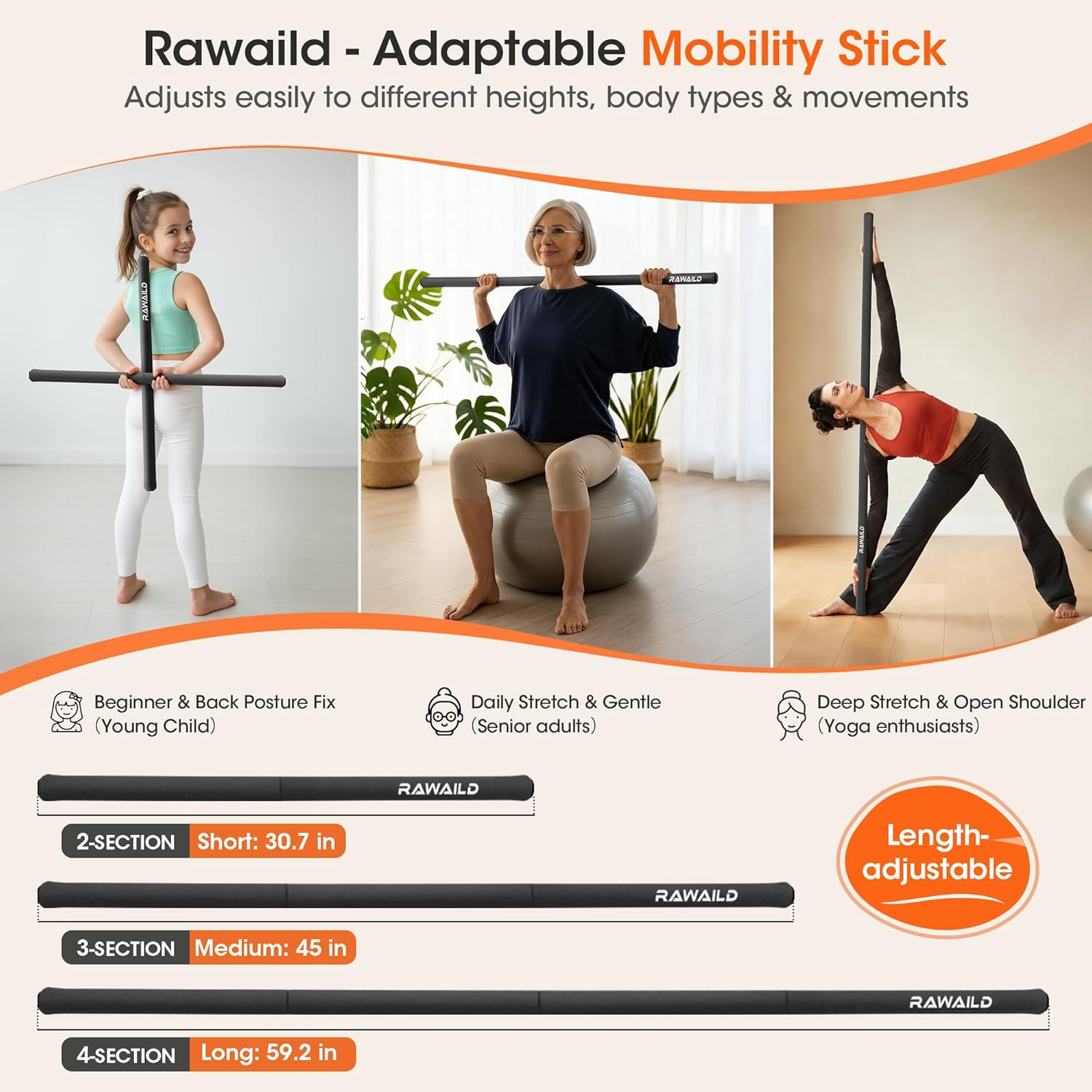 Yoga Stick, Upgraded 5Ft Sturdy Steel Mobility Stick, Adjustable Exercise Equipm