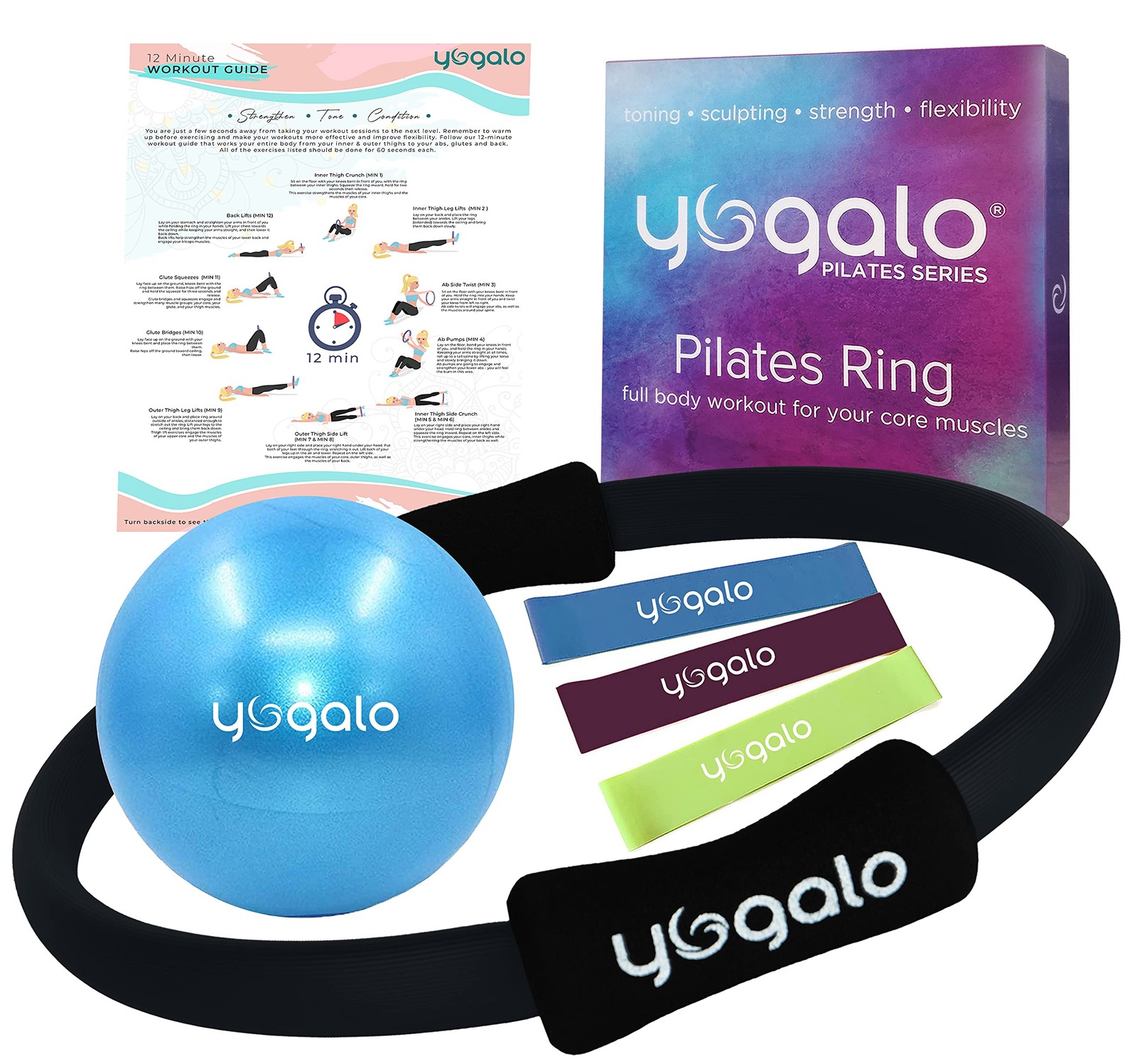 Y O Gayo Pilates Ring and Ball Set with 3 Resistance Bands – Pilates Equipmen…