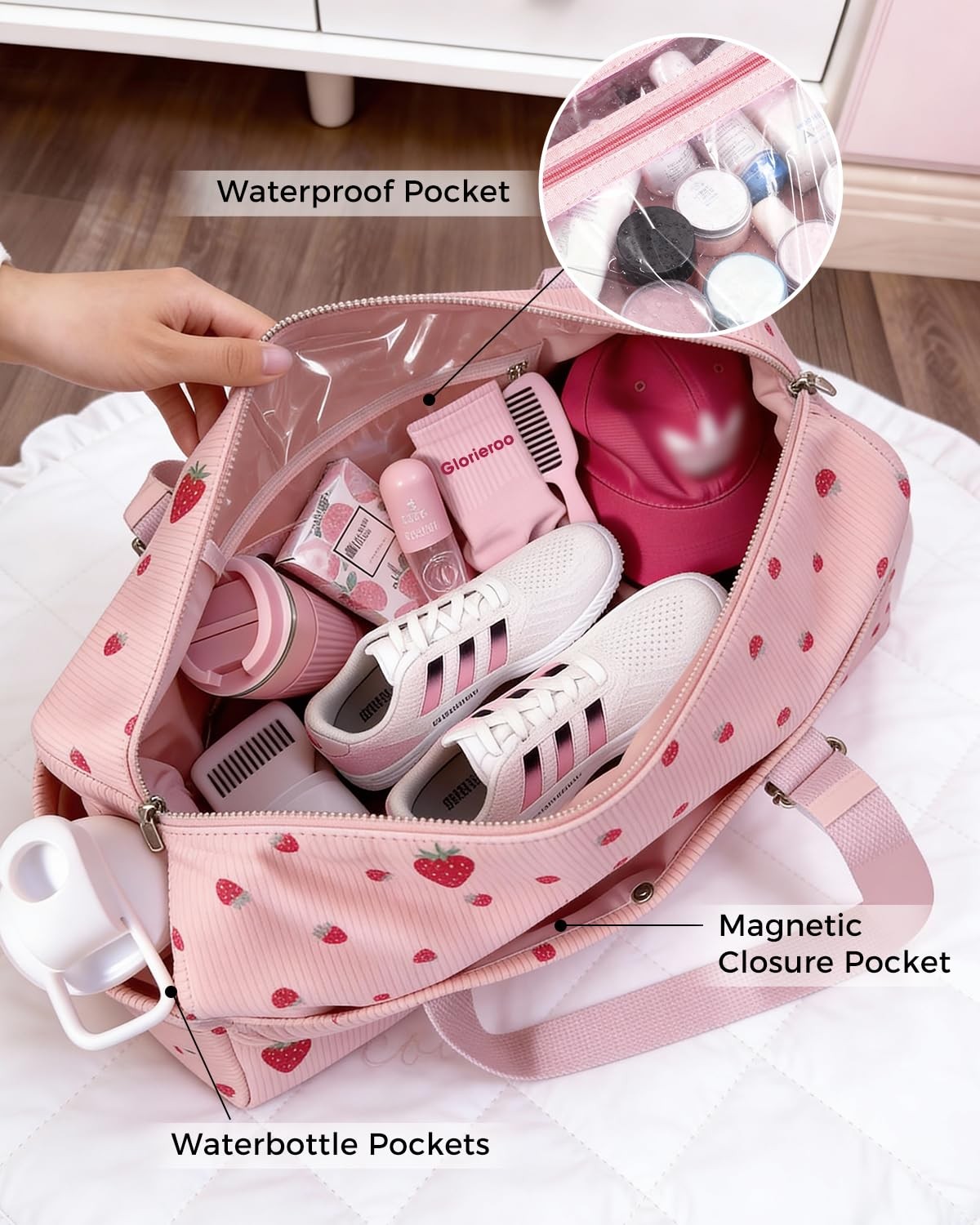Strawberry Gym Bag Women Corduroy Yoga Mat Holder Dance Duffel Travel Wet
