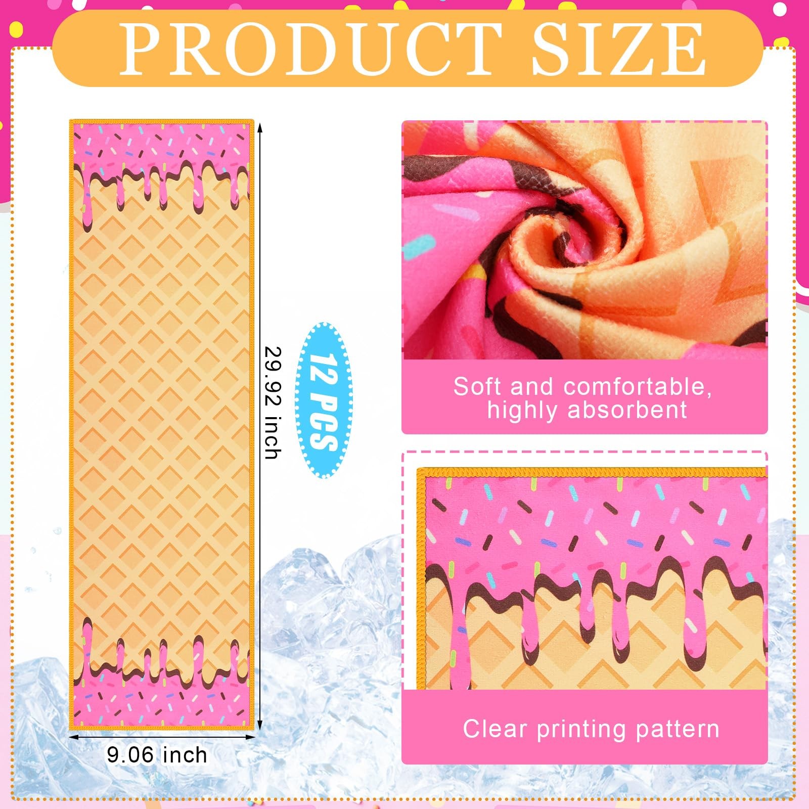 Peryiter 12 Pcs Baseball Ice Cream Drip Cooling Towel 30 x 9 Inch, Pink