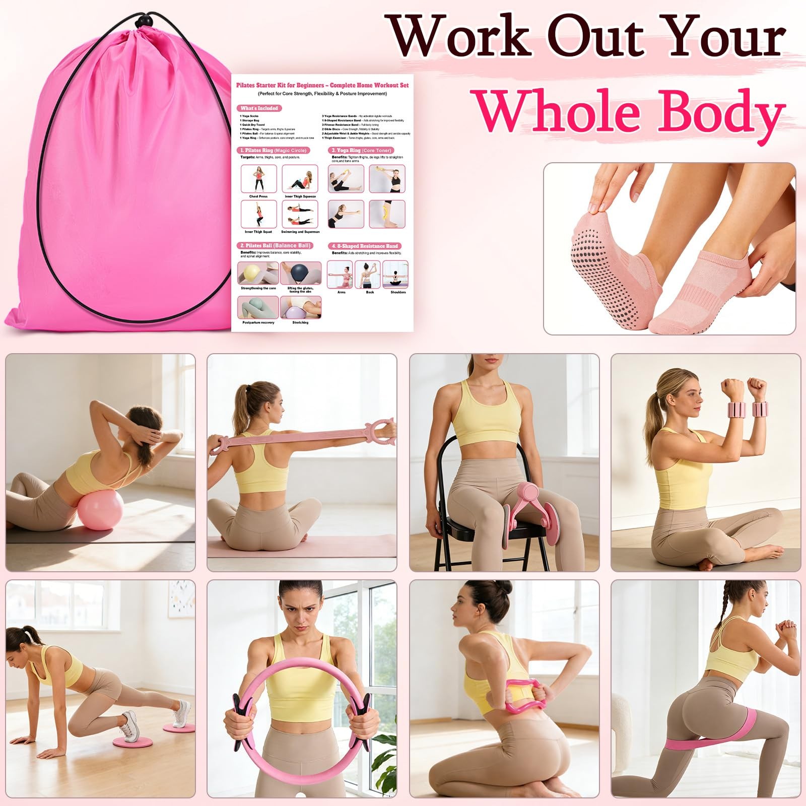 Pilates Kit for Women,17PCS Home Pilate Equipment Essentials, 12.6&Prime; pink