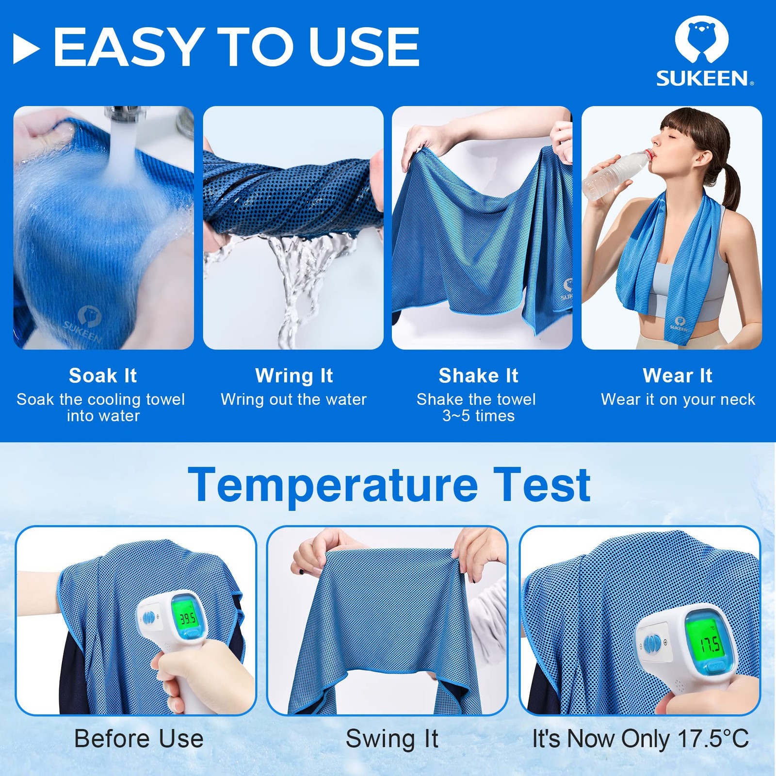 Sukeen 4 Pack Cooling Towels (40&Prime;x12&Prime;), 40&Prime; x 12&Prime;, Grey/Lake Blue/Purple/Blue