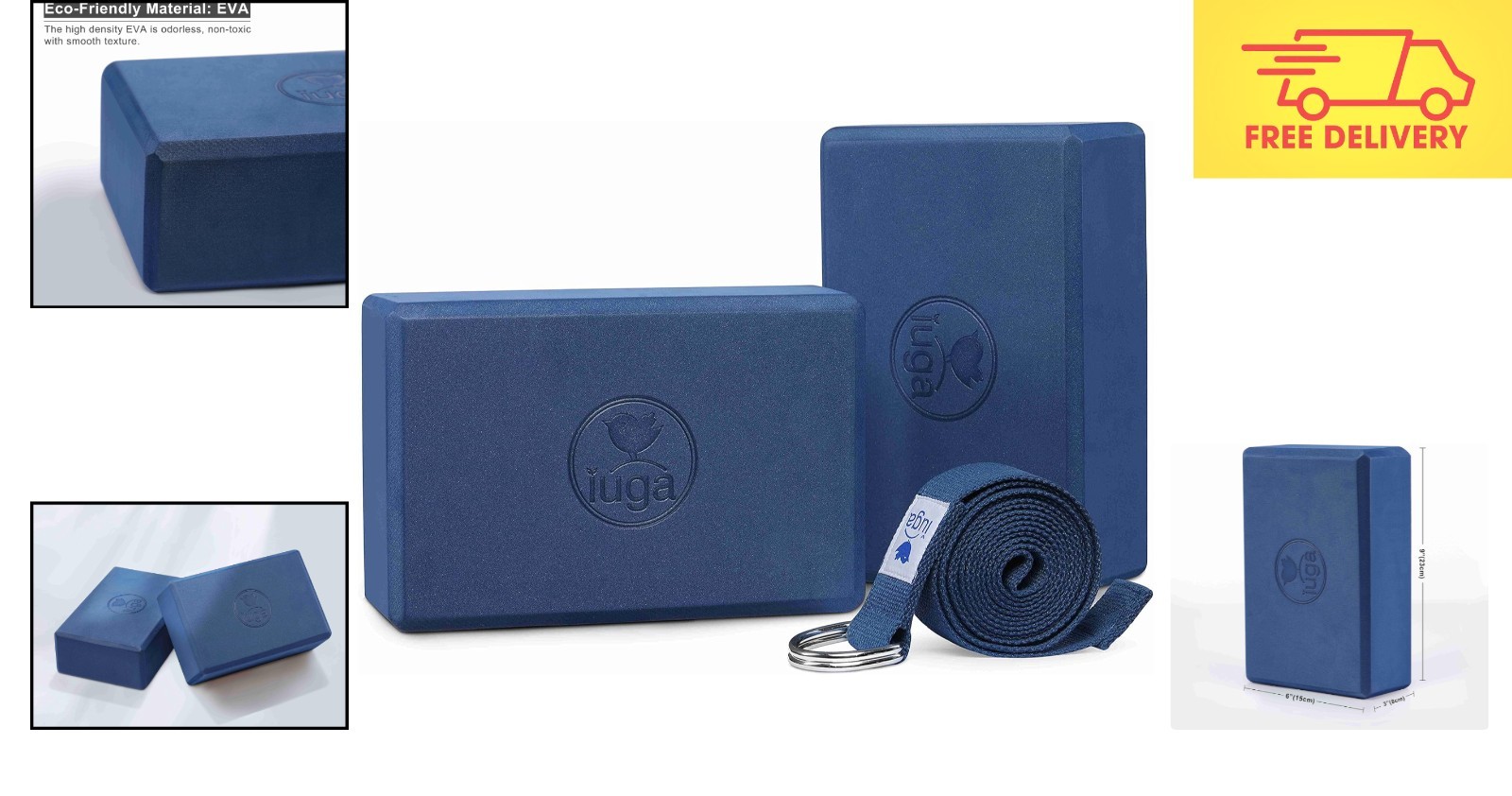 High Density Yoga Block Set with Extra Long Strap – Perfect 9&Prime;x6&Prime;x3&Prime; Fit